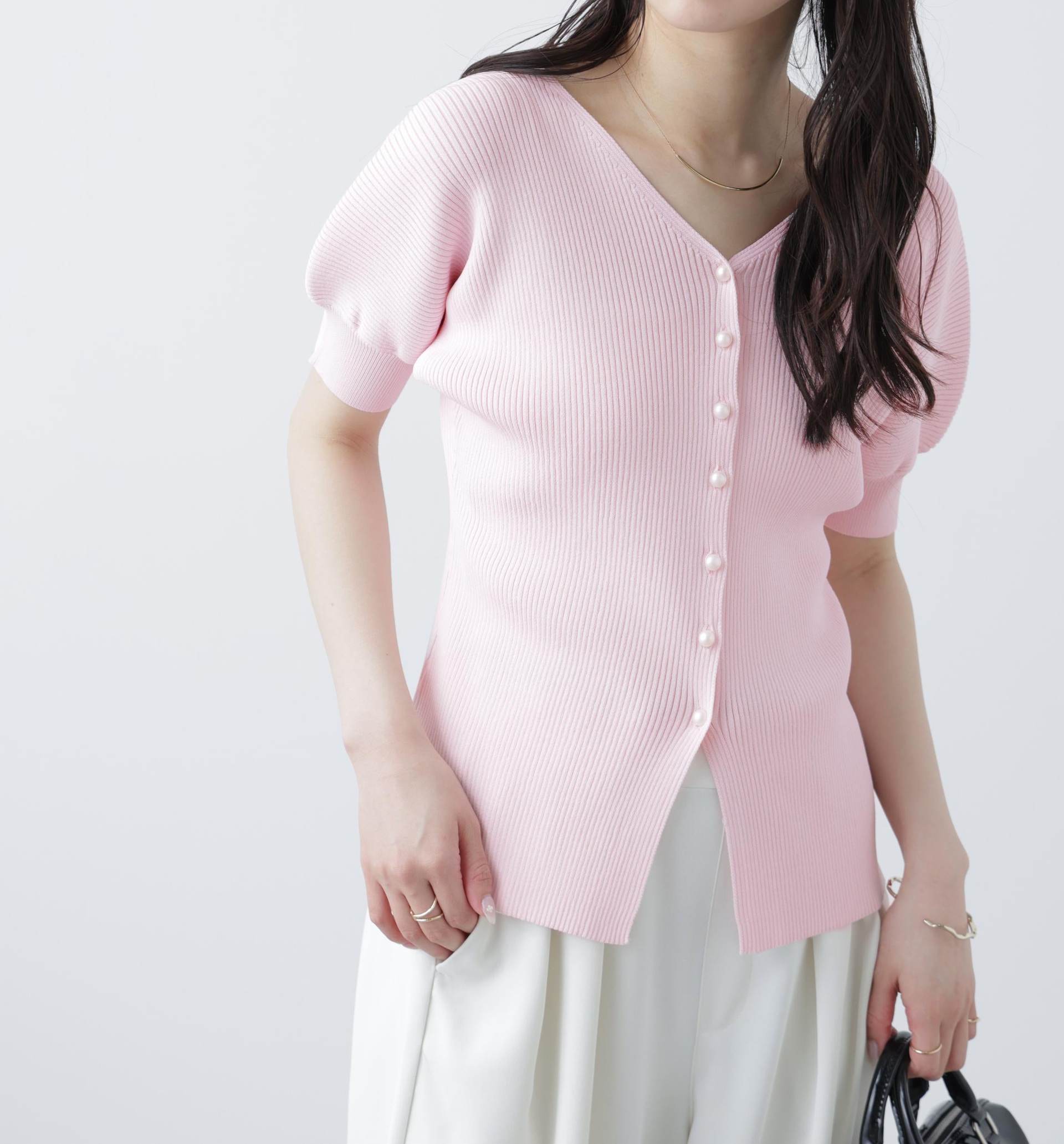 ［MFM］パールパフスリーブ半袖ニット うすいピンク