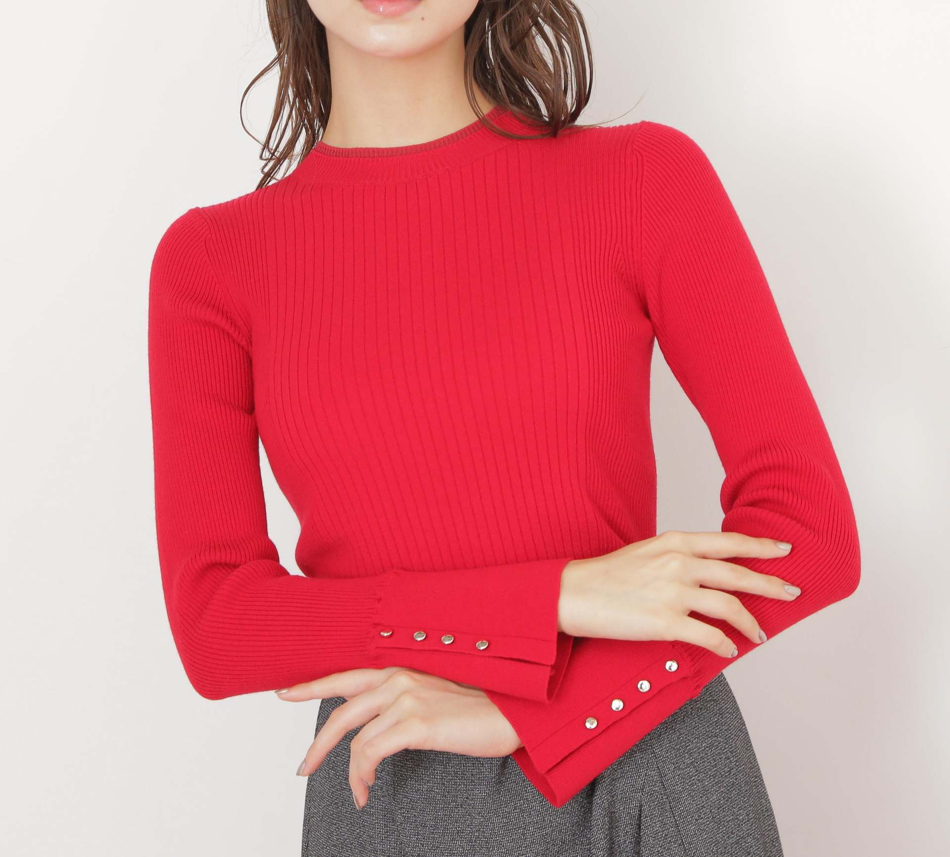袖ボタンリブニット レッド