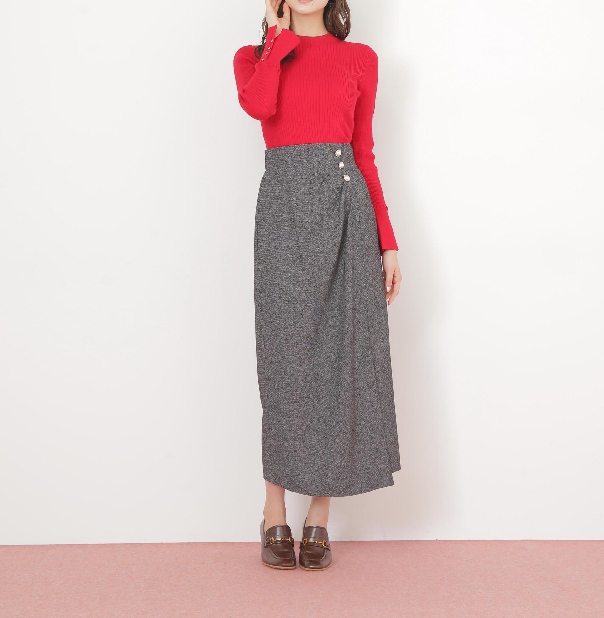 袖ボタンリブニット レッド