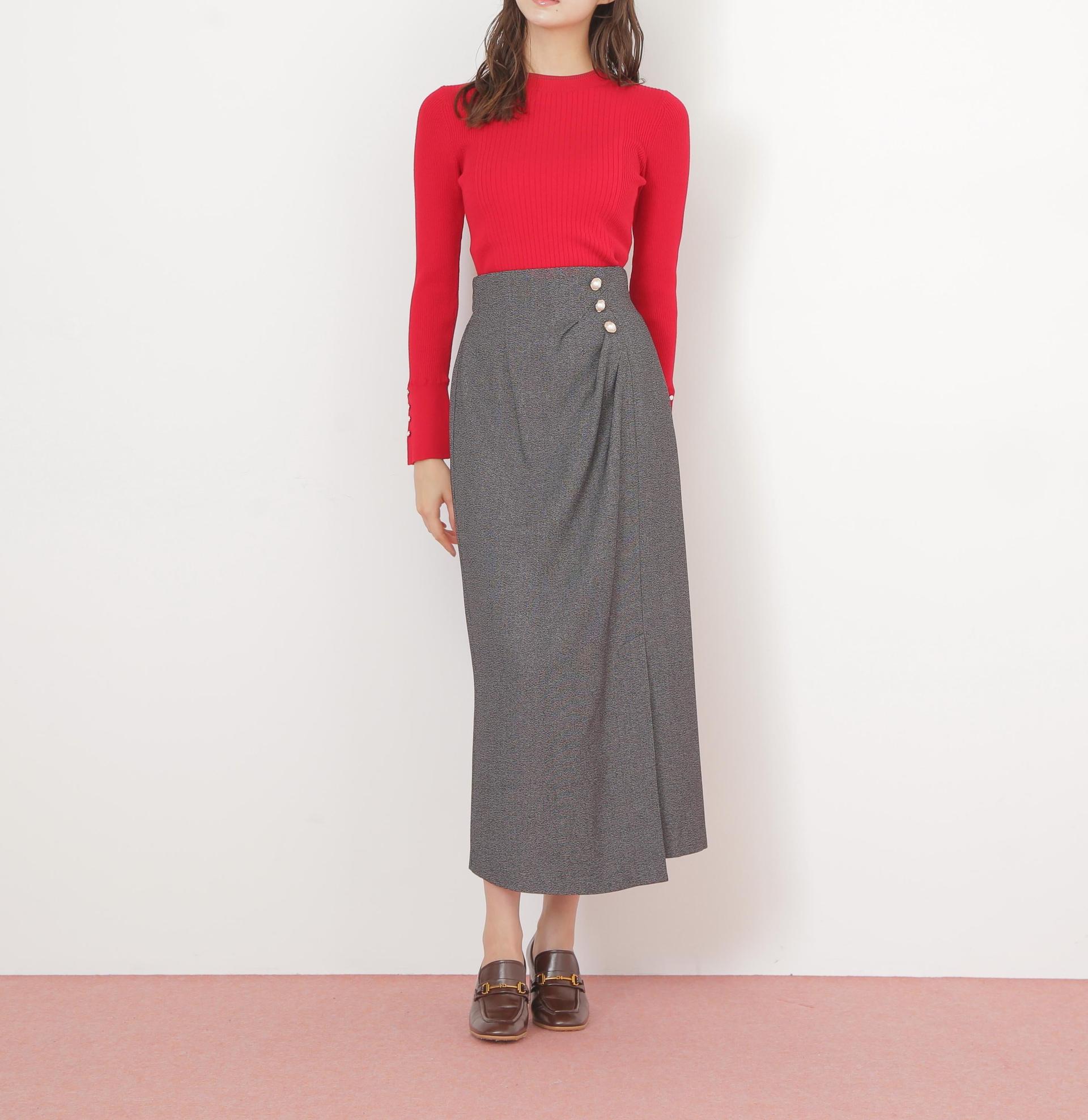 袖ボタンリブニット レッド