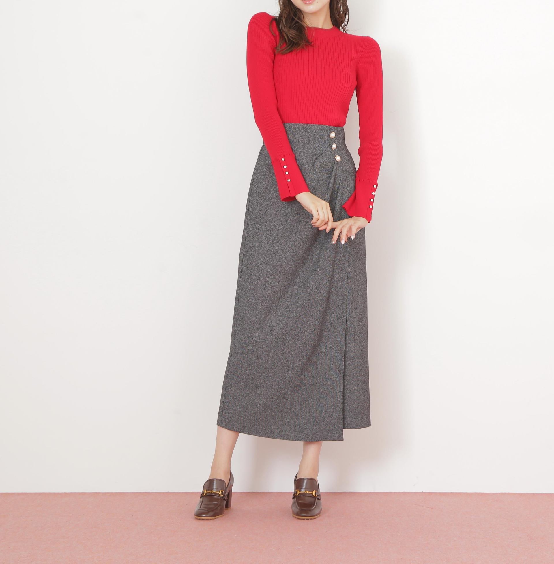 袖ボタンリブニット レッド