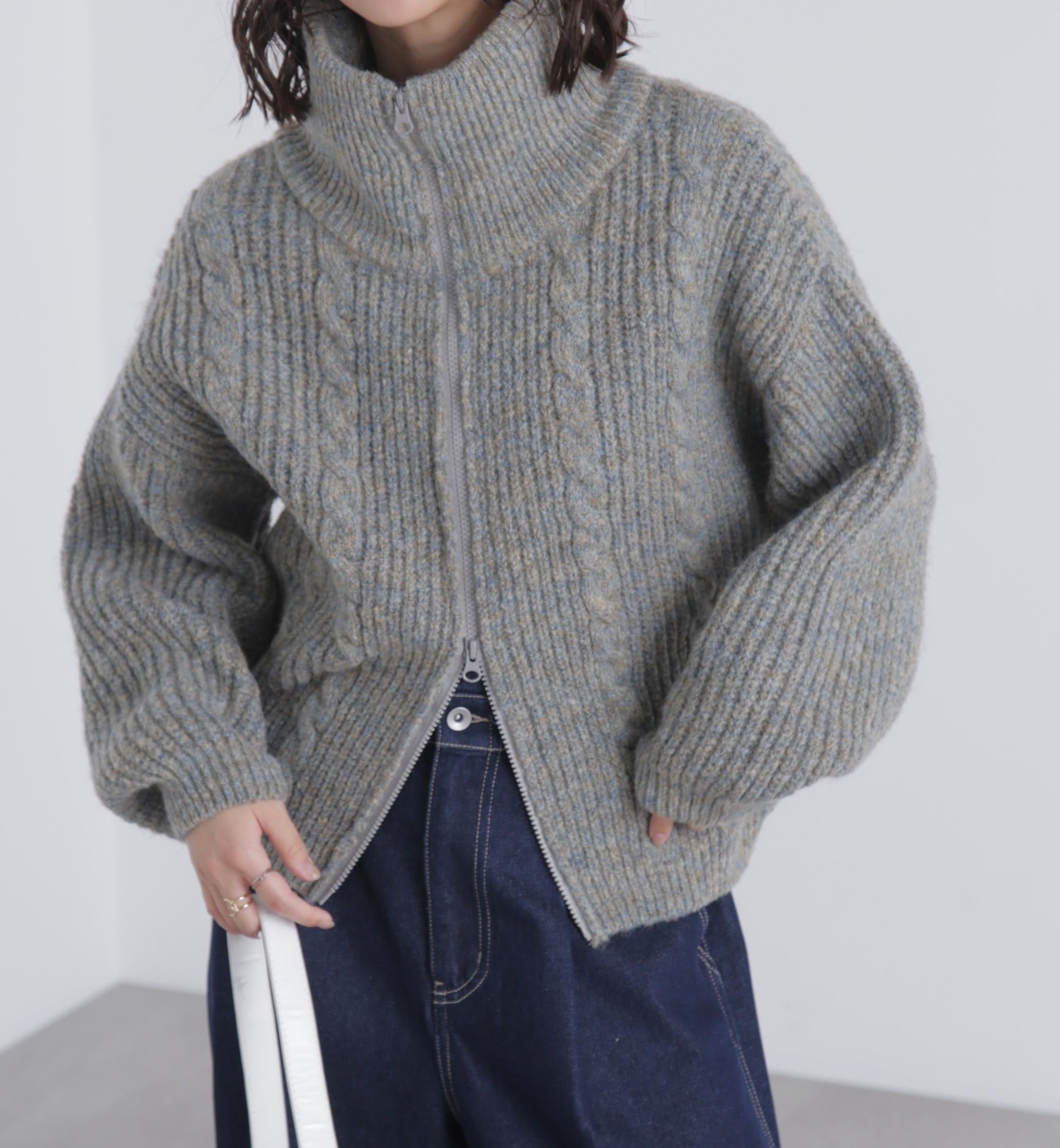 スタンドネックショート丈ジップニットブルゾン グレー