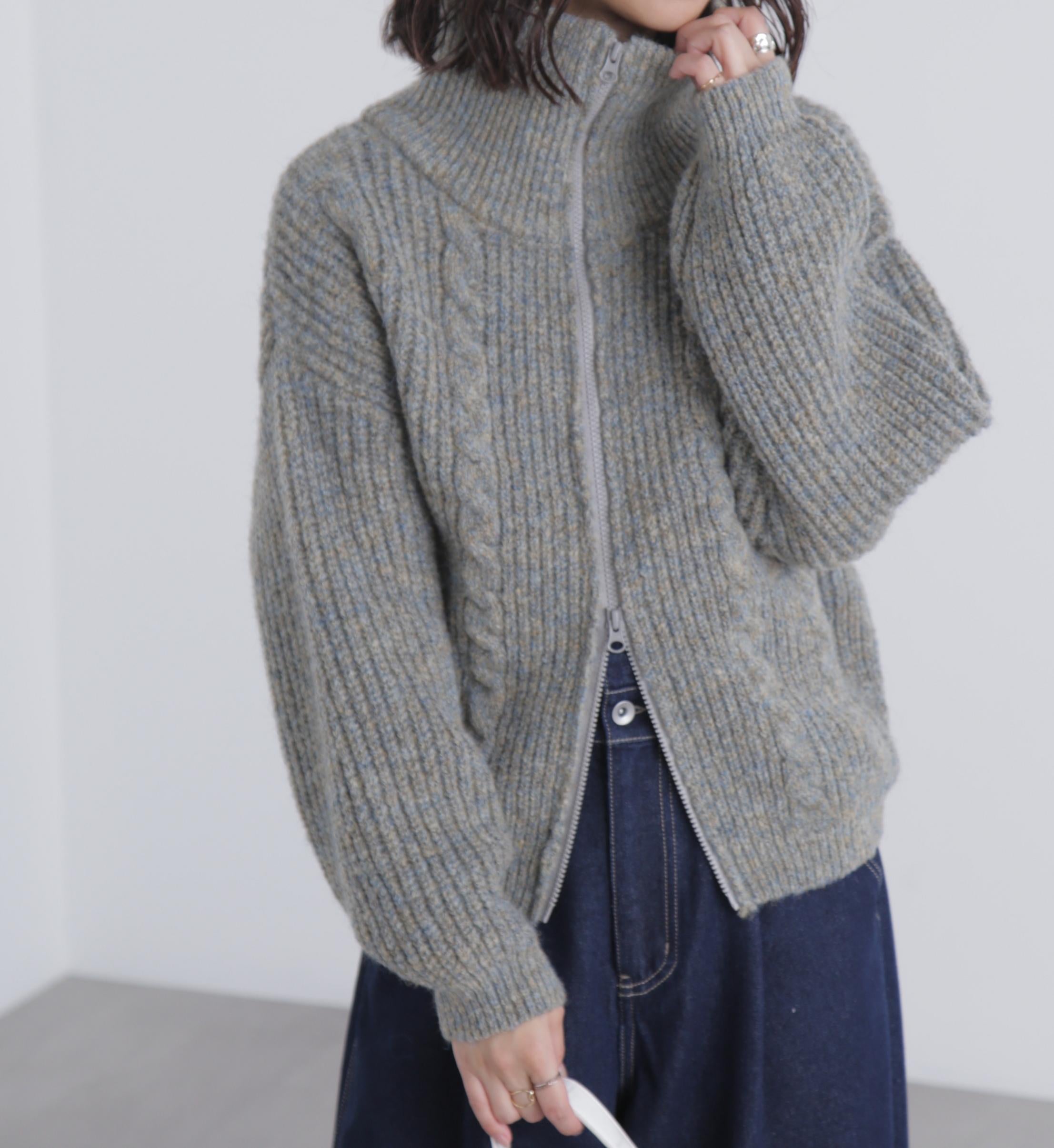 スタンドネックショート丈ジップニットブルゾン グレー