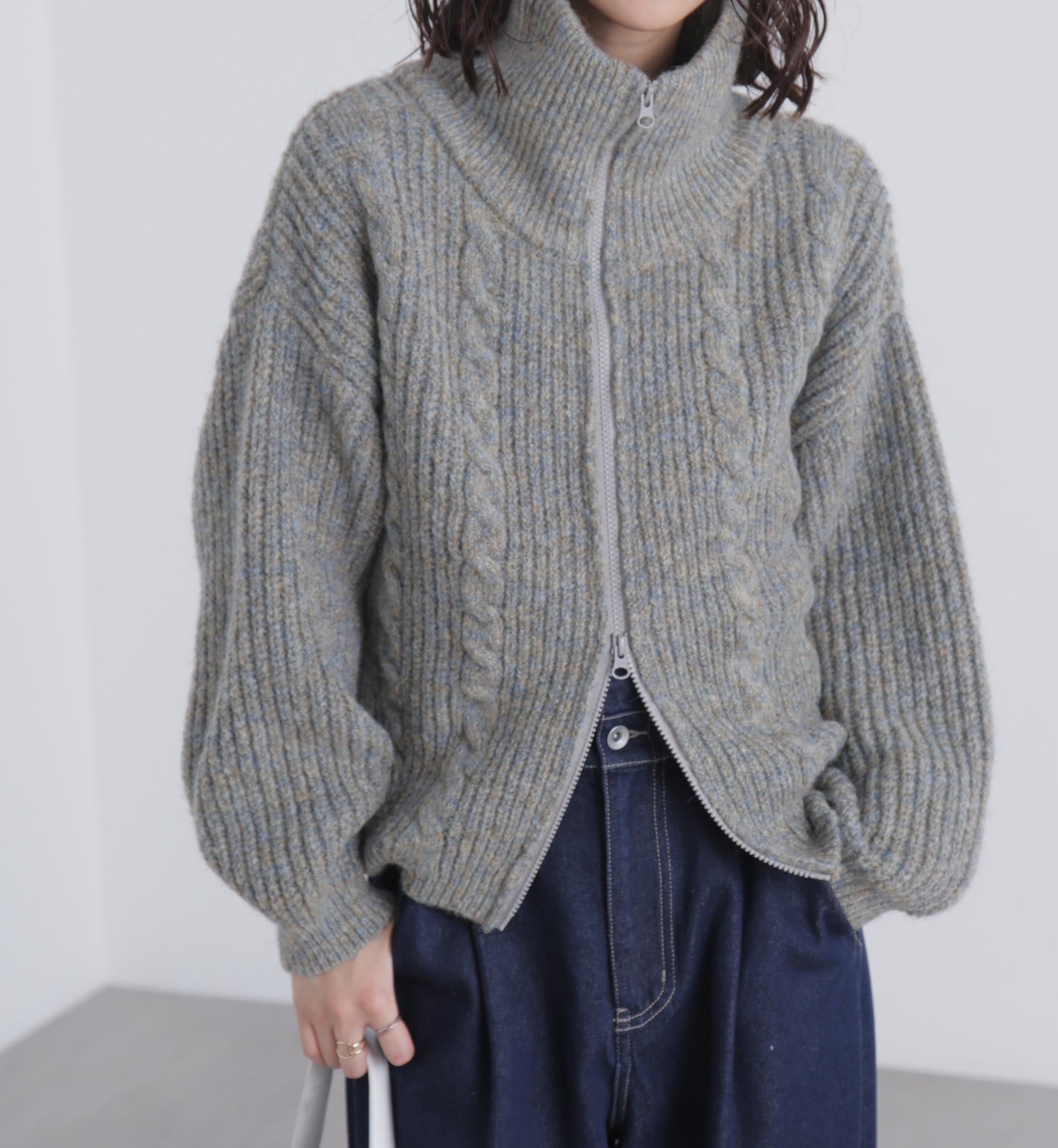 スタンドネックショート丈ジップニットブルゾン グレー