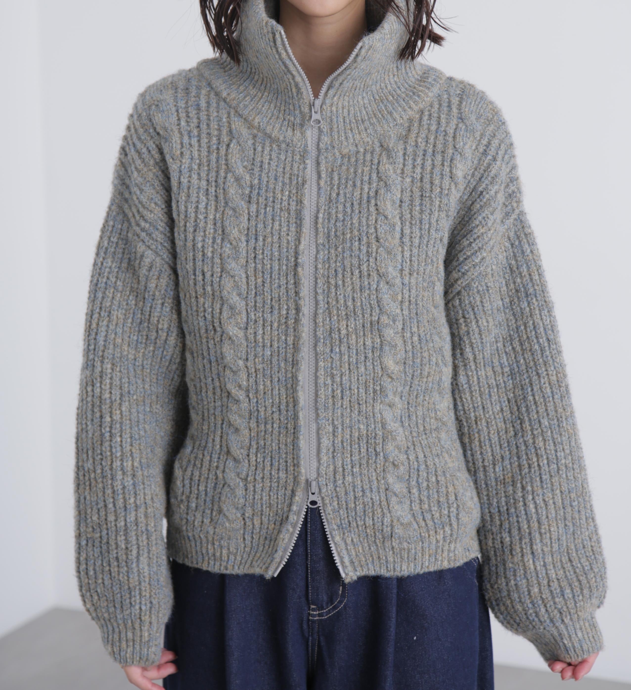 スタンドネックショート丈ジップニットブルゾン グレー