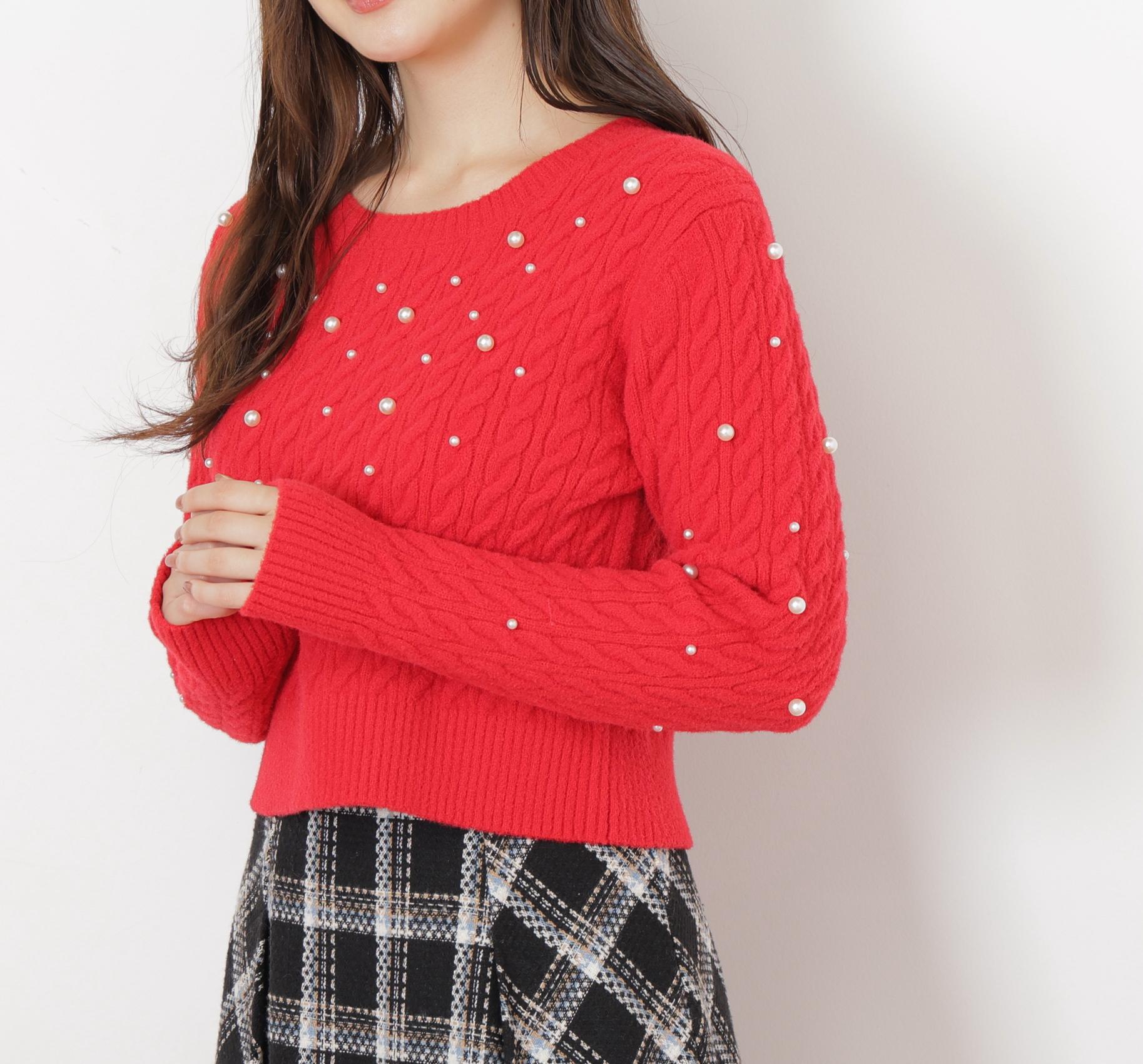 ランダムパールミニケーブルニット レッド
