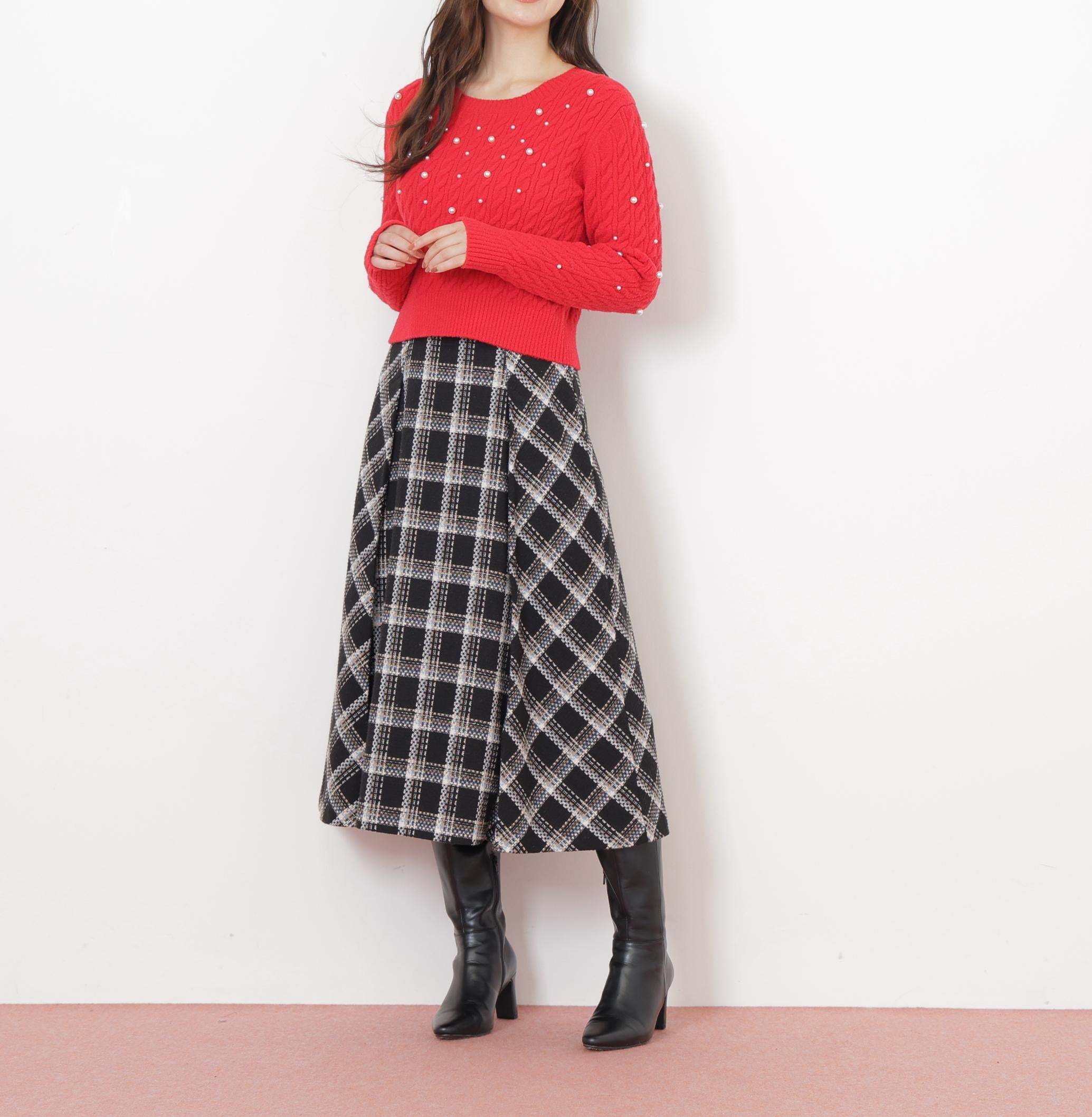 ランダムパールミニケーブルニット レッド