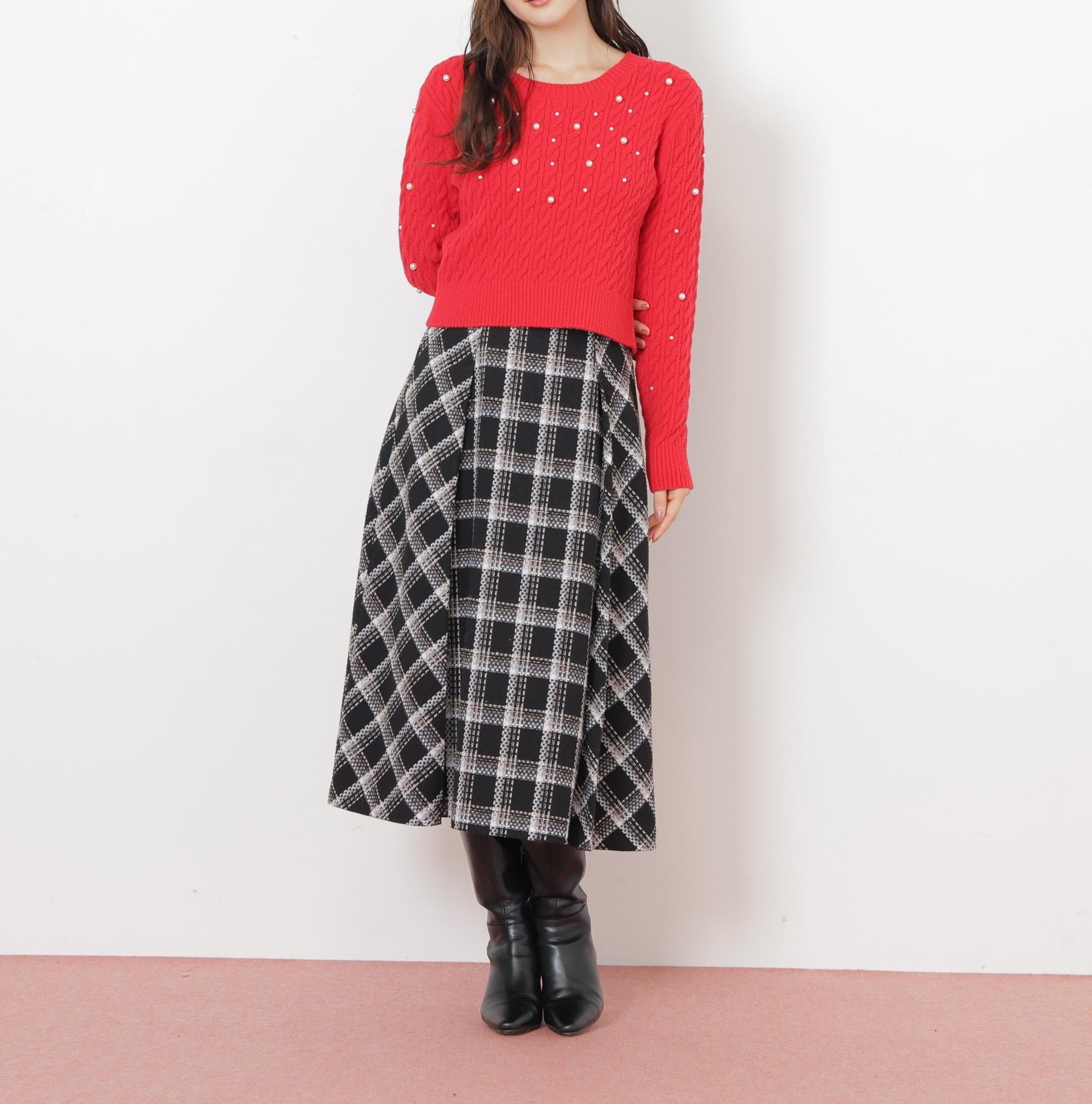 ランダムパールミニケーブルニット レッド