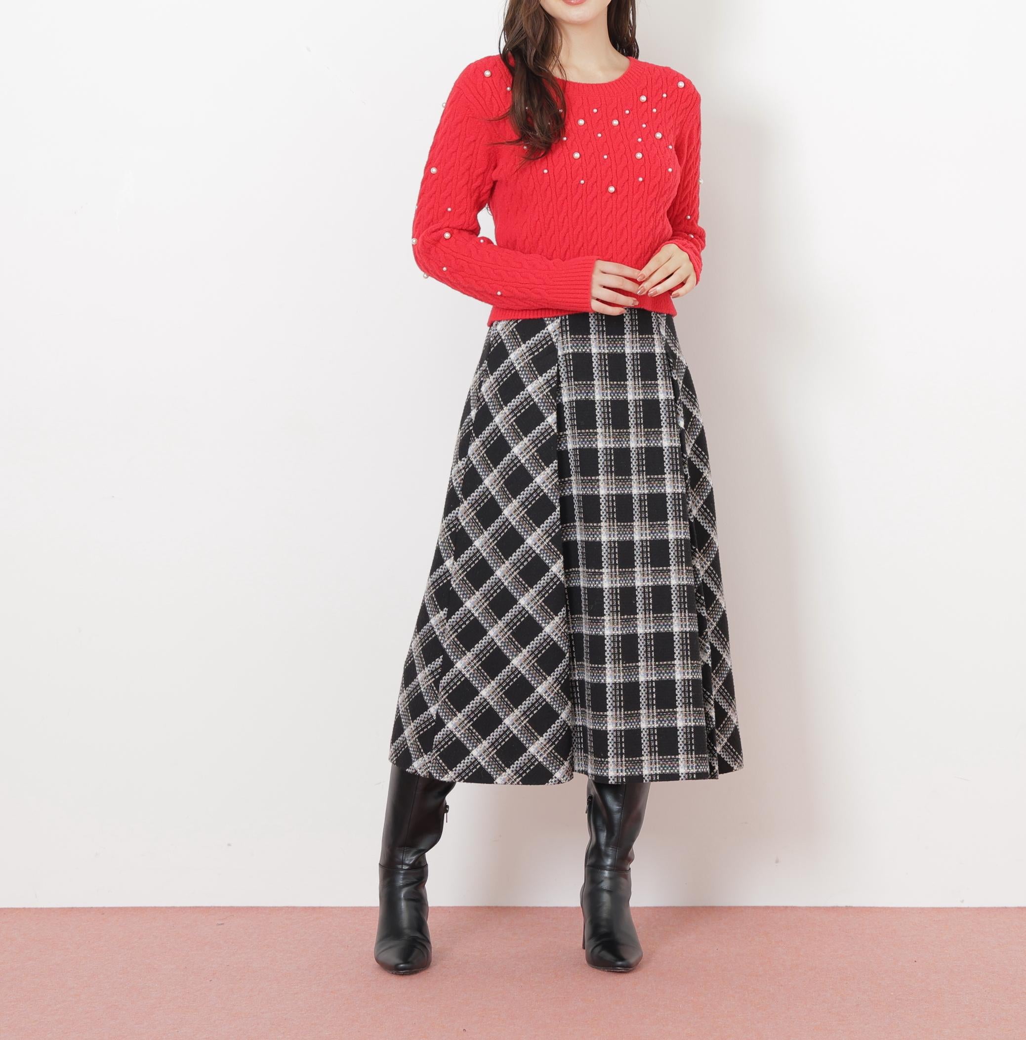 ランダムパールミニケーブルニット レッド