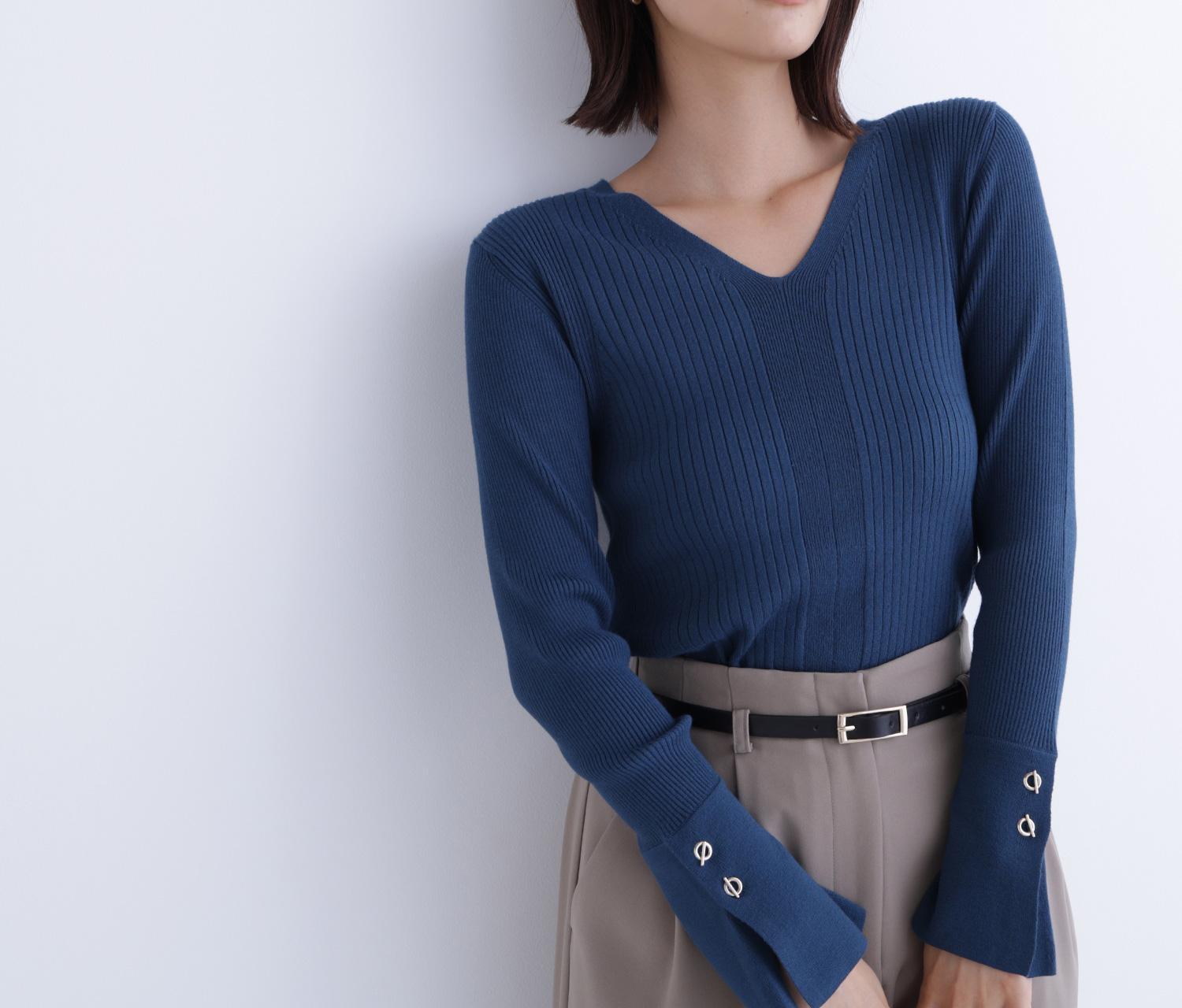 Vネックハトメスリーブリブニット ディープグリーン1