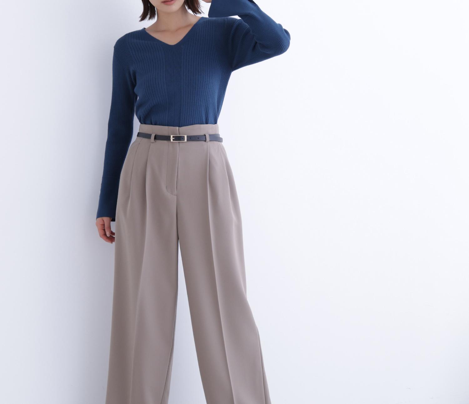 Vネックハトメスリーブリブニット ディープグリーン1