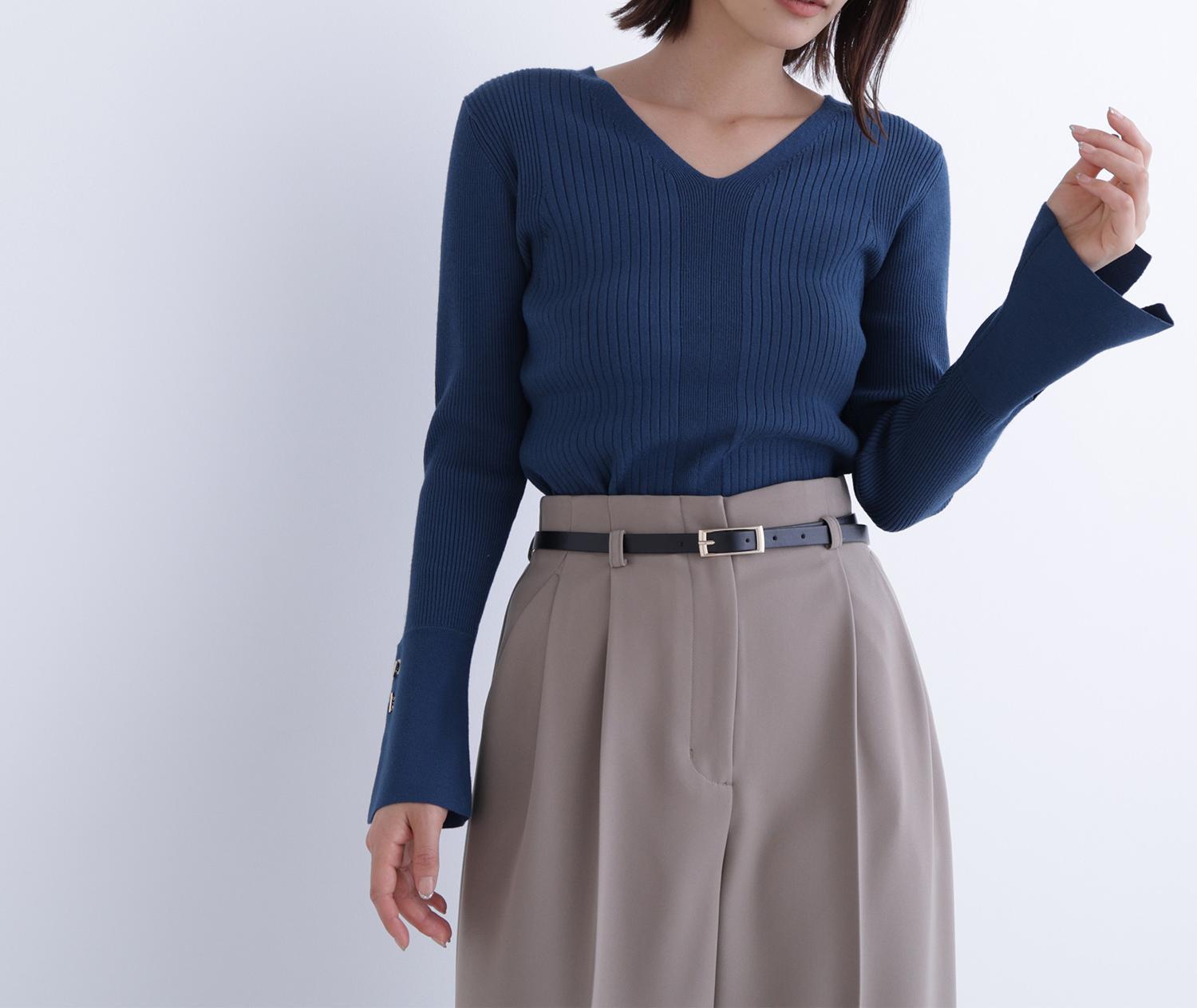 Vネックハトメスリーブリブニット ディープグリーン1