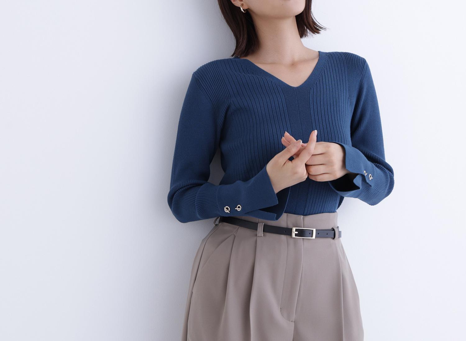 Vネックハトメスリーブリブニット ディープグリーン1