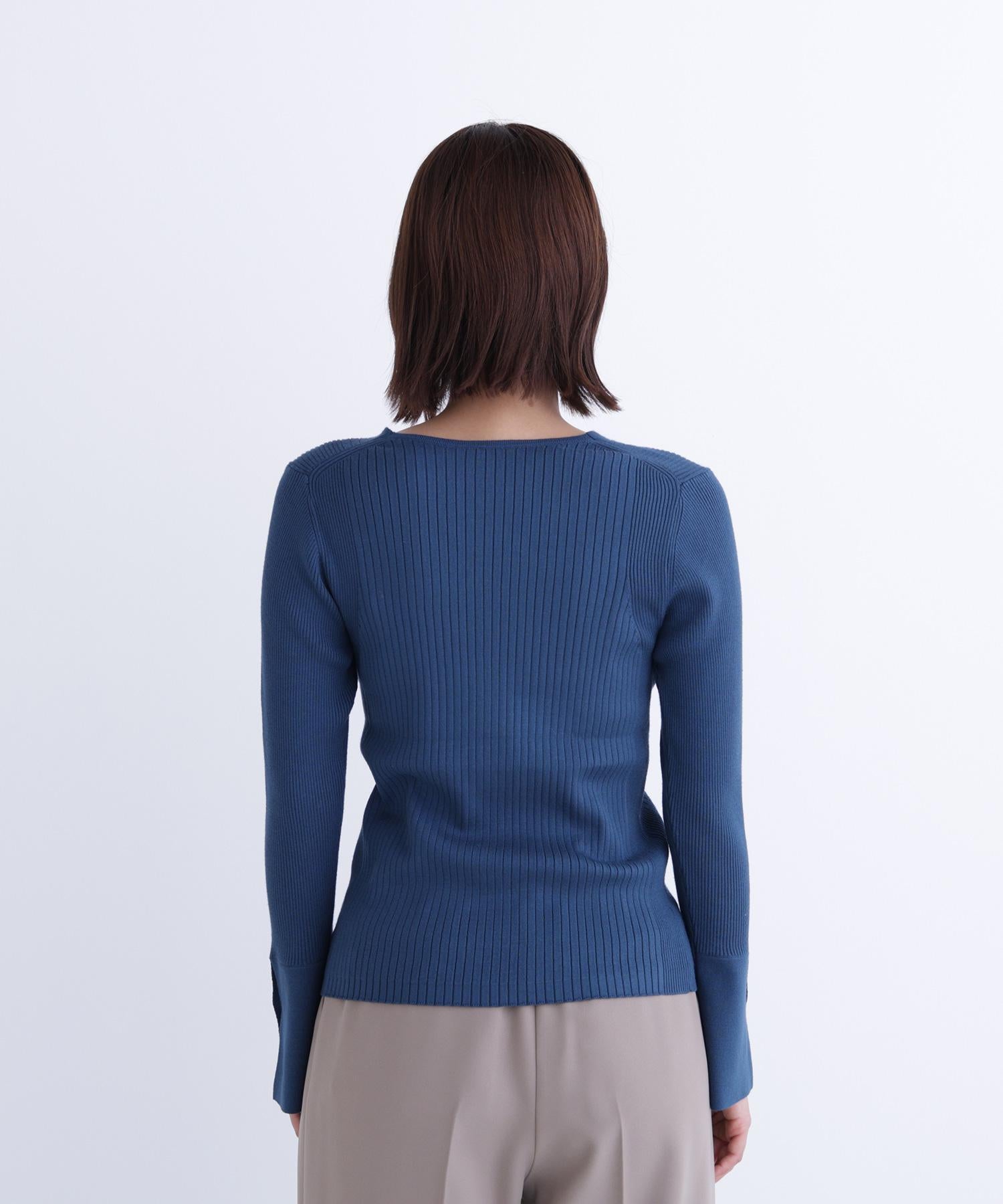 Vネックハトメスリーブリブニット ディープグリーン1