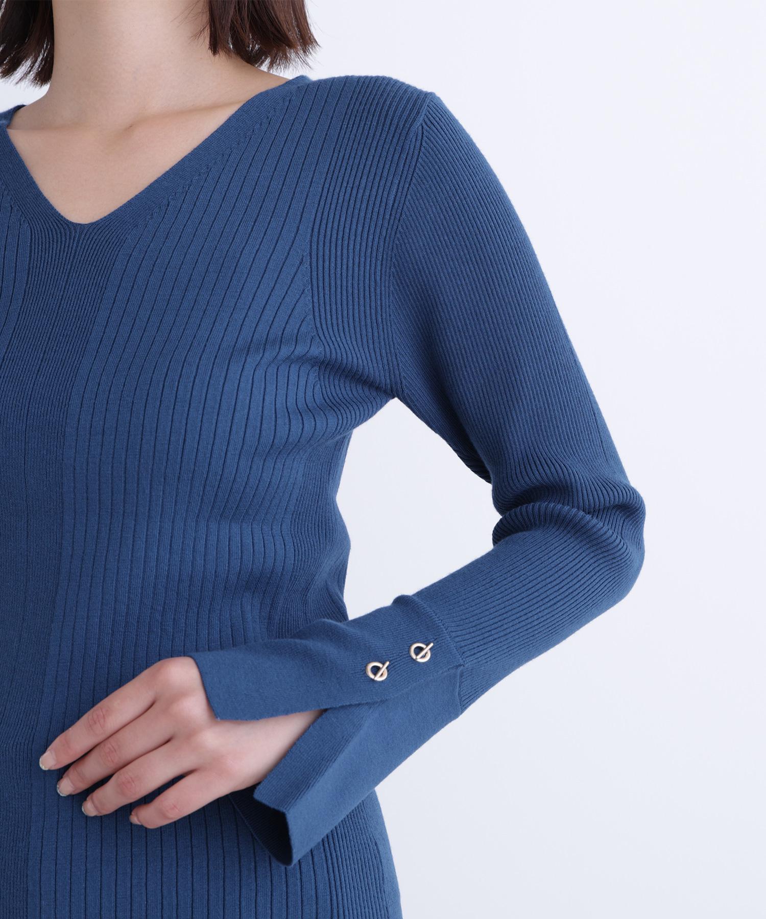 Vネックハトメスリーブリブニット ディープグリーン1