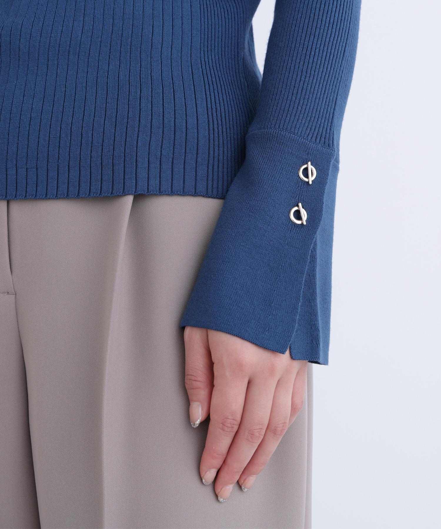 Vネックハトメスリーブリブニット ディープグリーン1