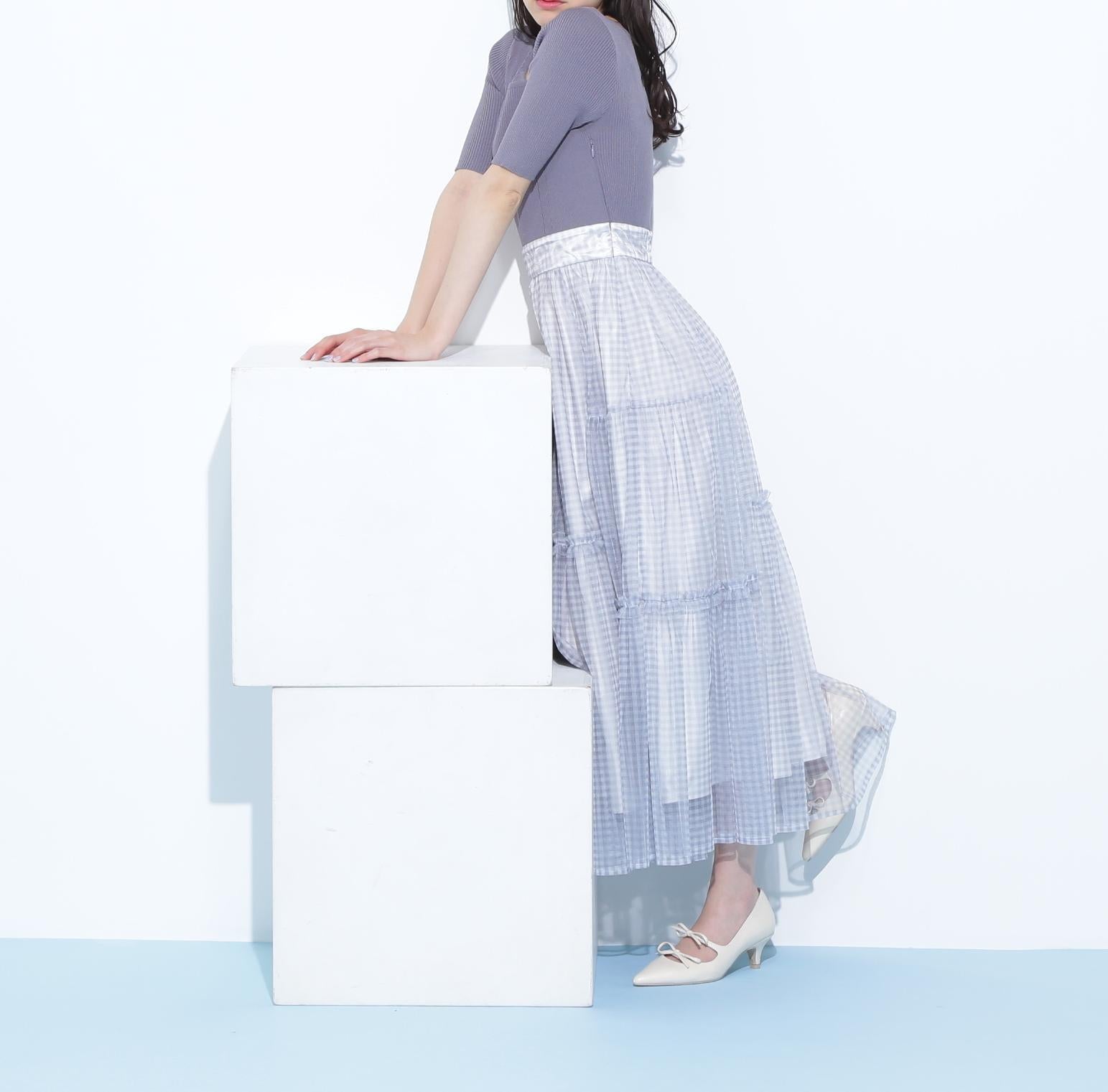 ニット×シアースカートドッキングワンピース グレー