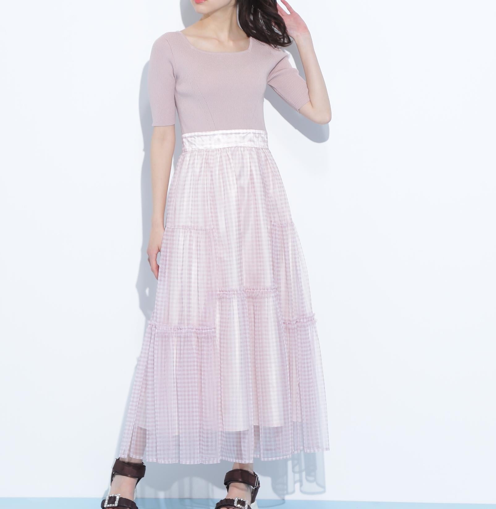 ニット×シアースカートドッキングワンピース ピンク