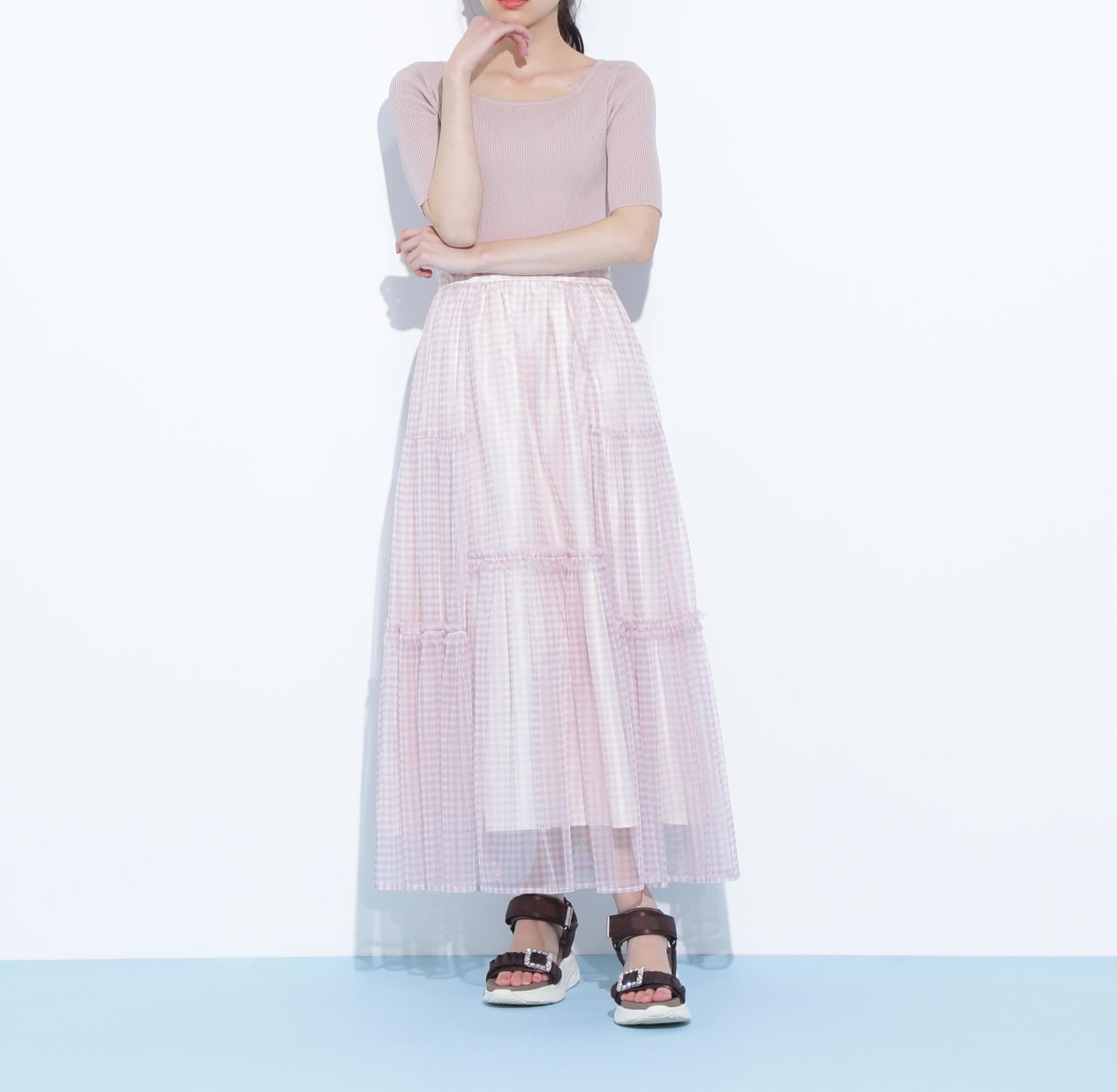 ニット×シアースカートドッキングワンピース ピンク