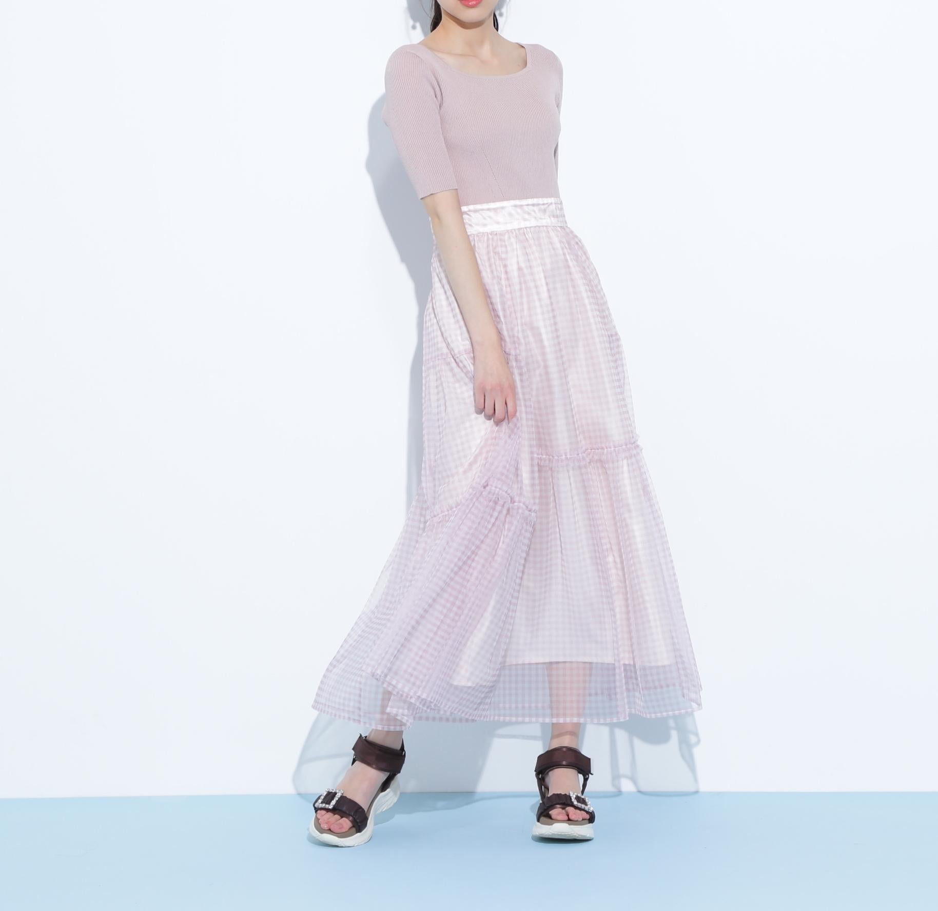 ニット×シアースカートドッキングワンピース ピンク