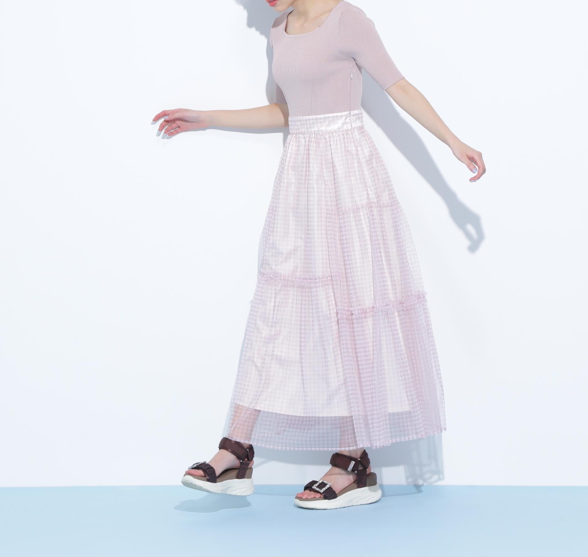 ニット×シアースカートドッキングワンピース ピンク