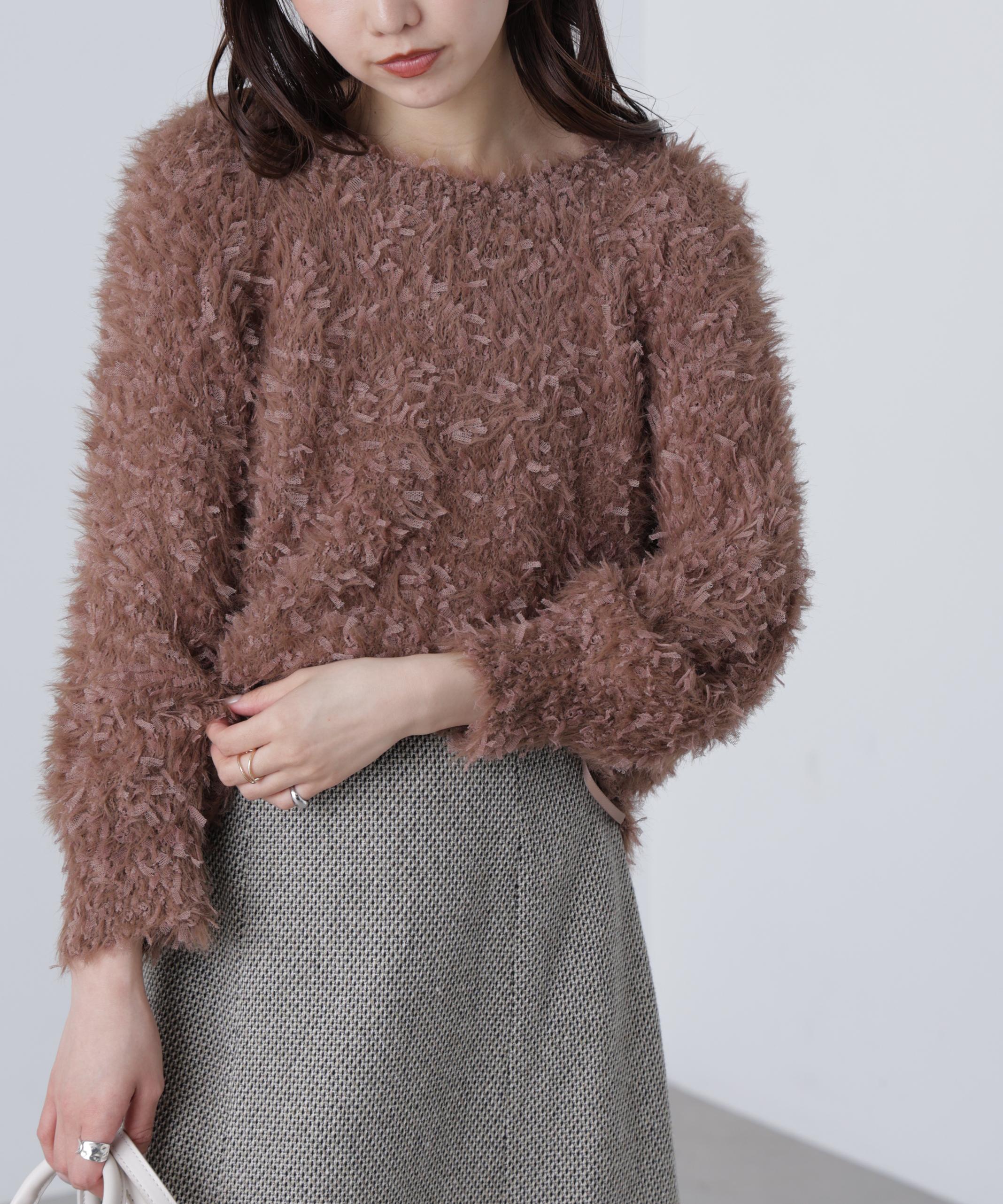 前後2wayチュールフェザーミックスミドル丈ニット ブラウン