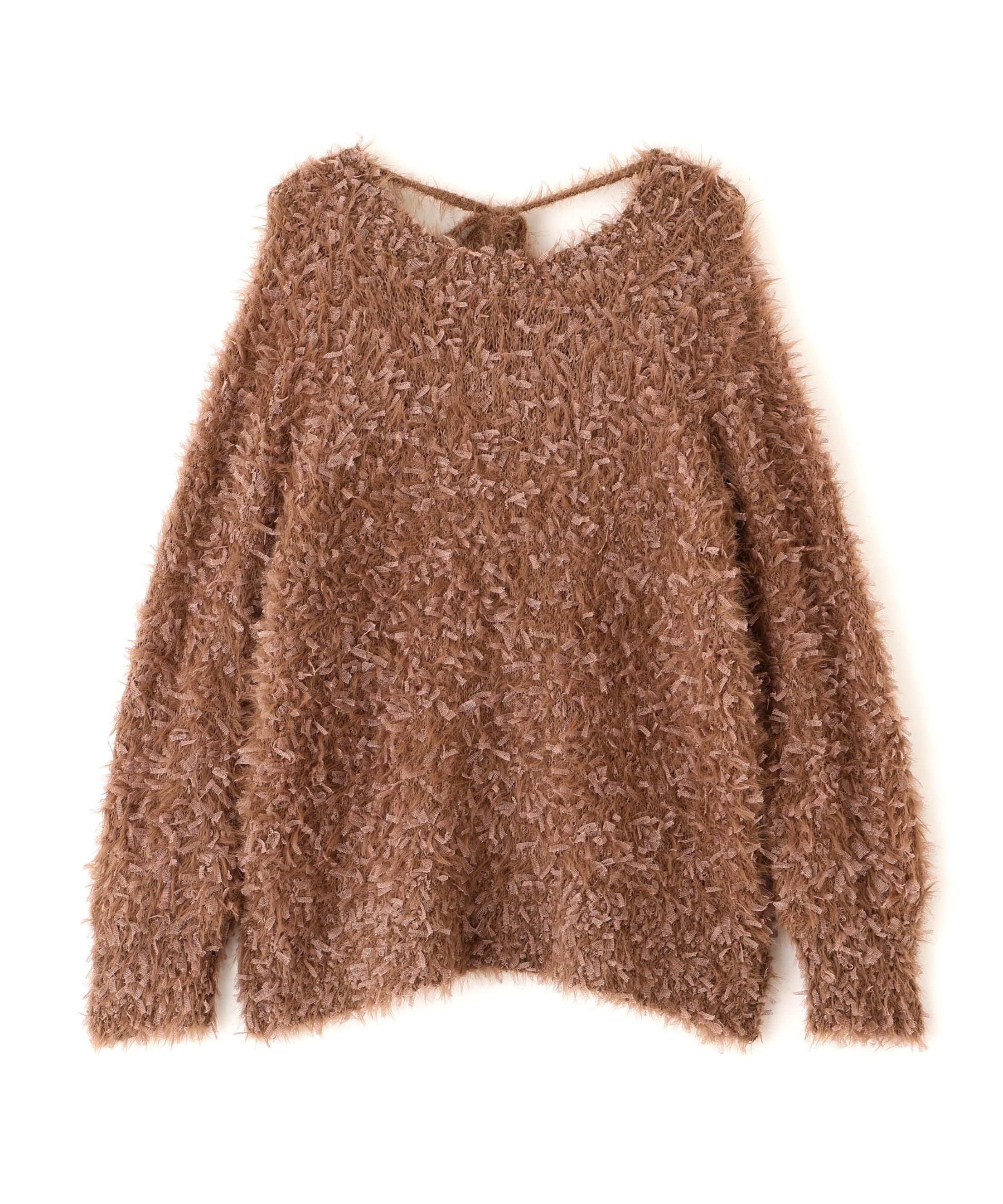 前後2wayチュールフェザーミックスミドル丈ニット ブラウン