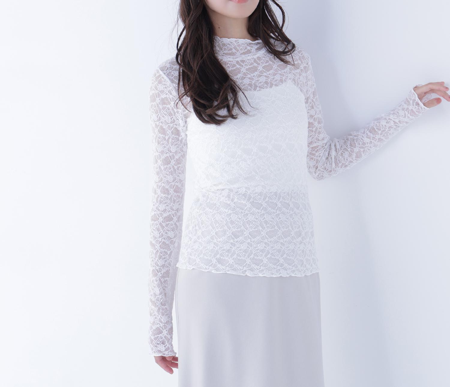 レースハイネックカットソー オフホワイト1