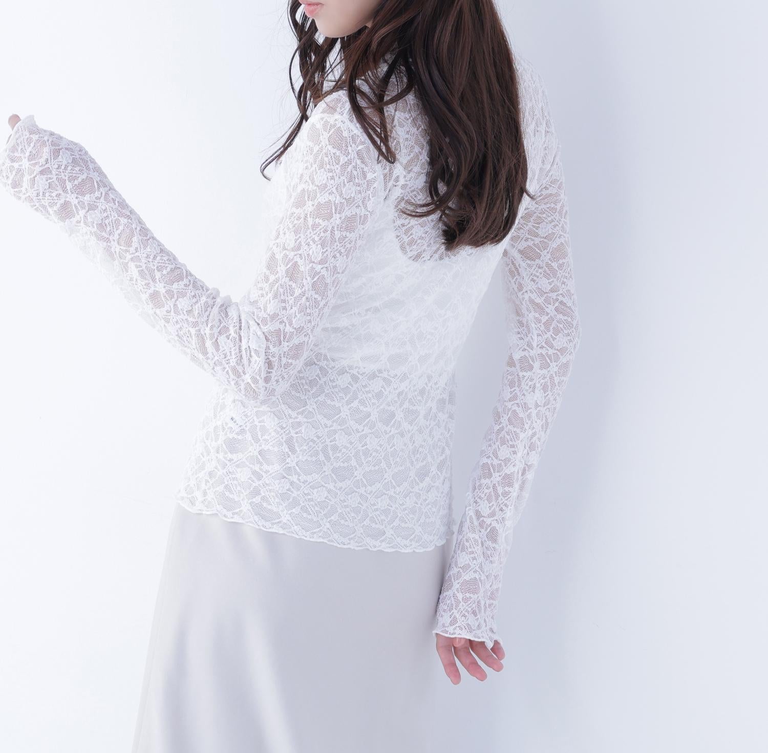 レースハイネックカットソー オフホワイト1