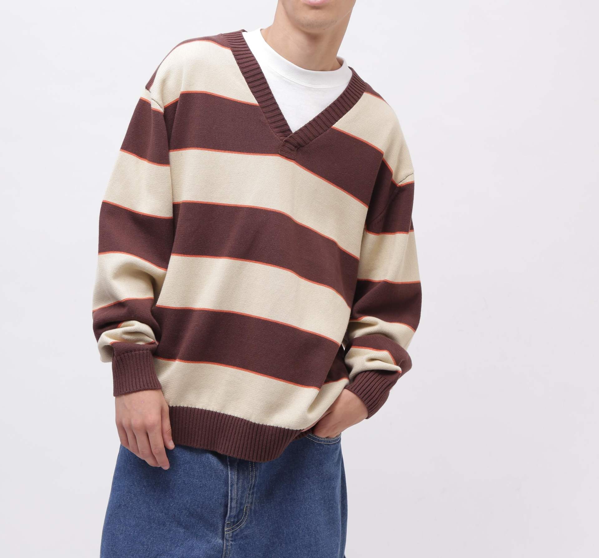V-NECK RO>DE> KNIT / Vネック ボーダー ニット / AVI>EX / アヴィレックス ブラウン
