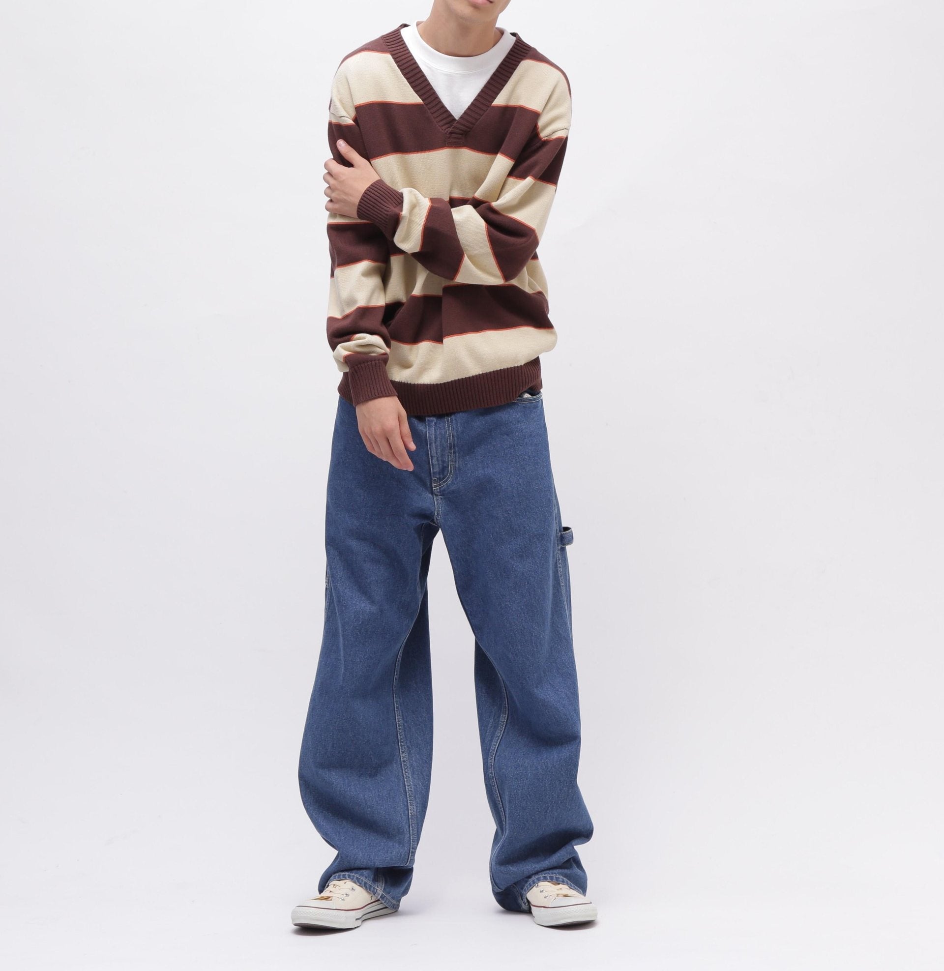 V-NECK RO>DE> KNIT / Vネック ボーダー ニット / AVI>EX / アヴィレックス ブラウン