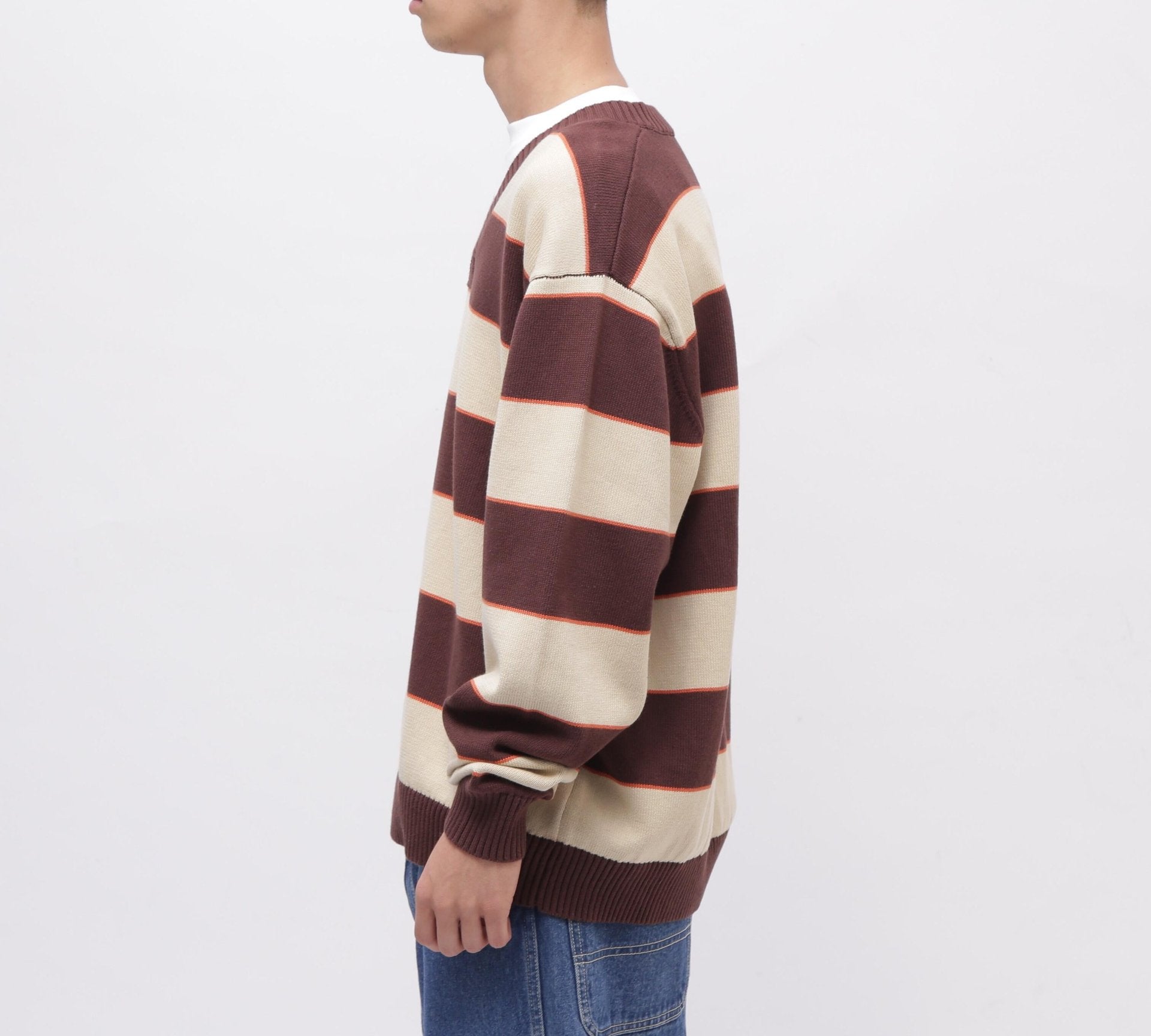 V-NECK RO>DE> KNIT / Vネック ボーダー ニット / AVI>EX / アヴィレックス ブラウン