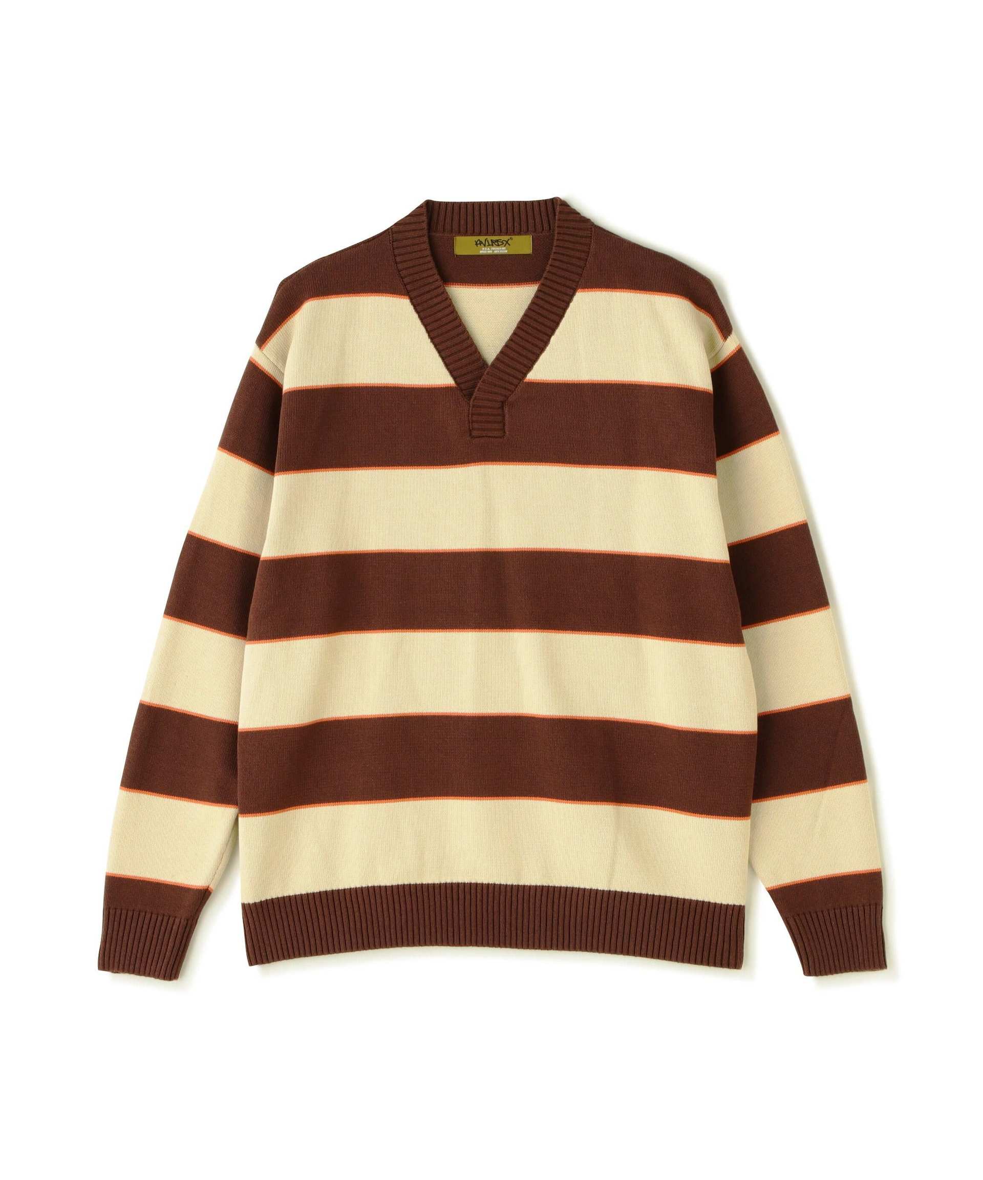 V-NECK RO>DE> KNIT / Vネック ボーダー ニット / AVI>EX / アヴィレックス ブラウン