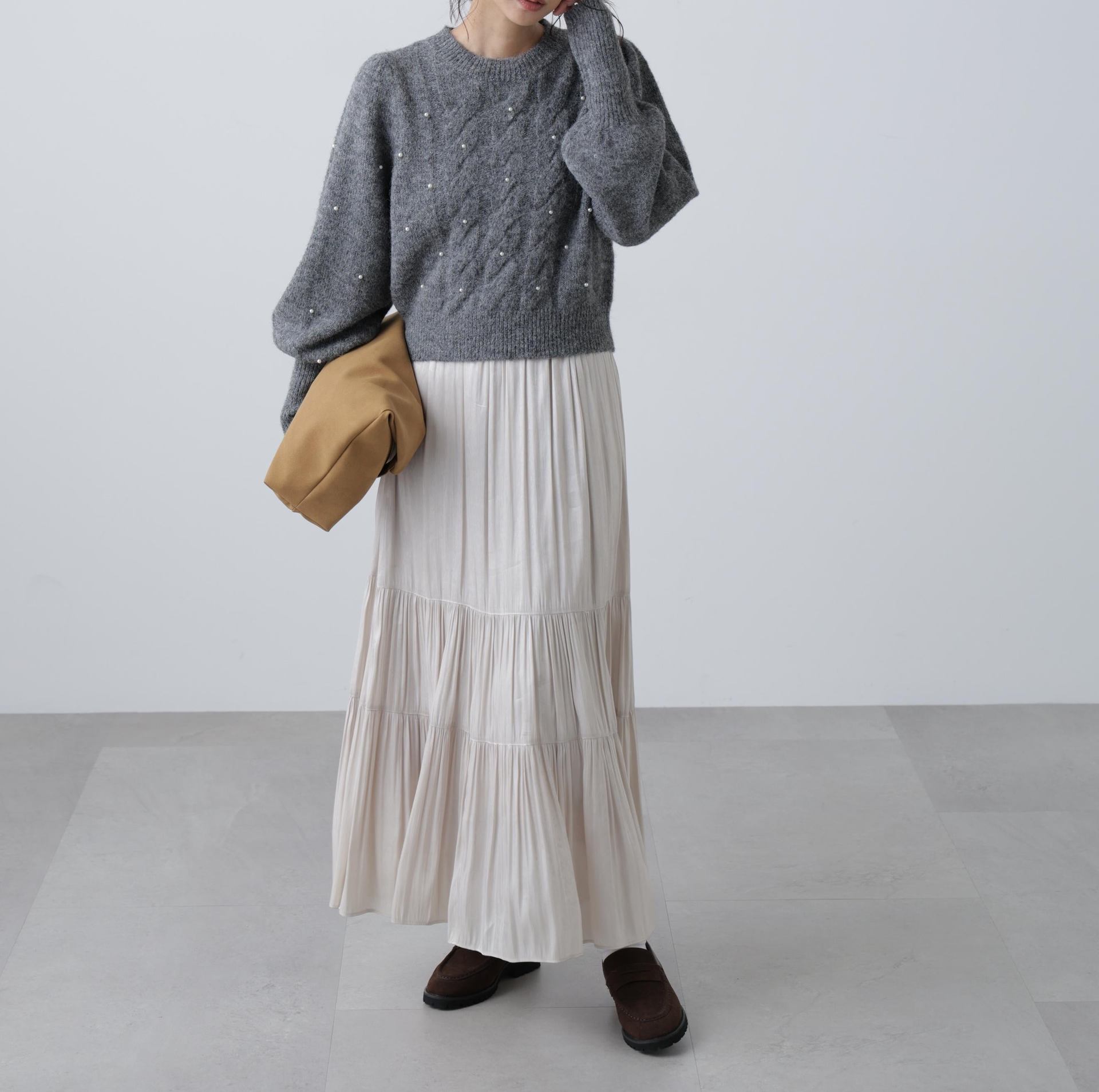 パール付きケーブルショート丈ニット グレー