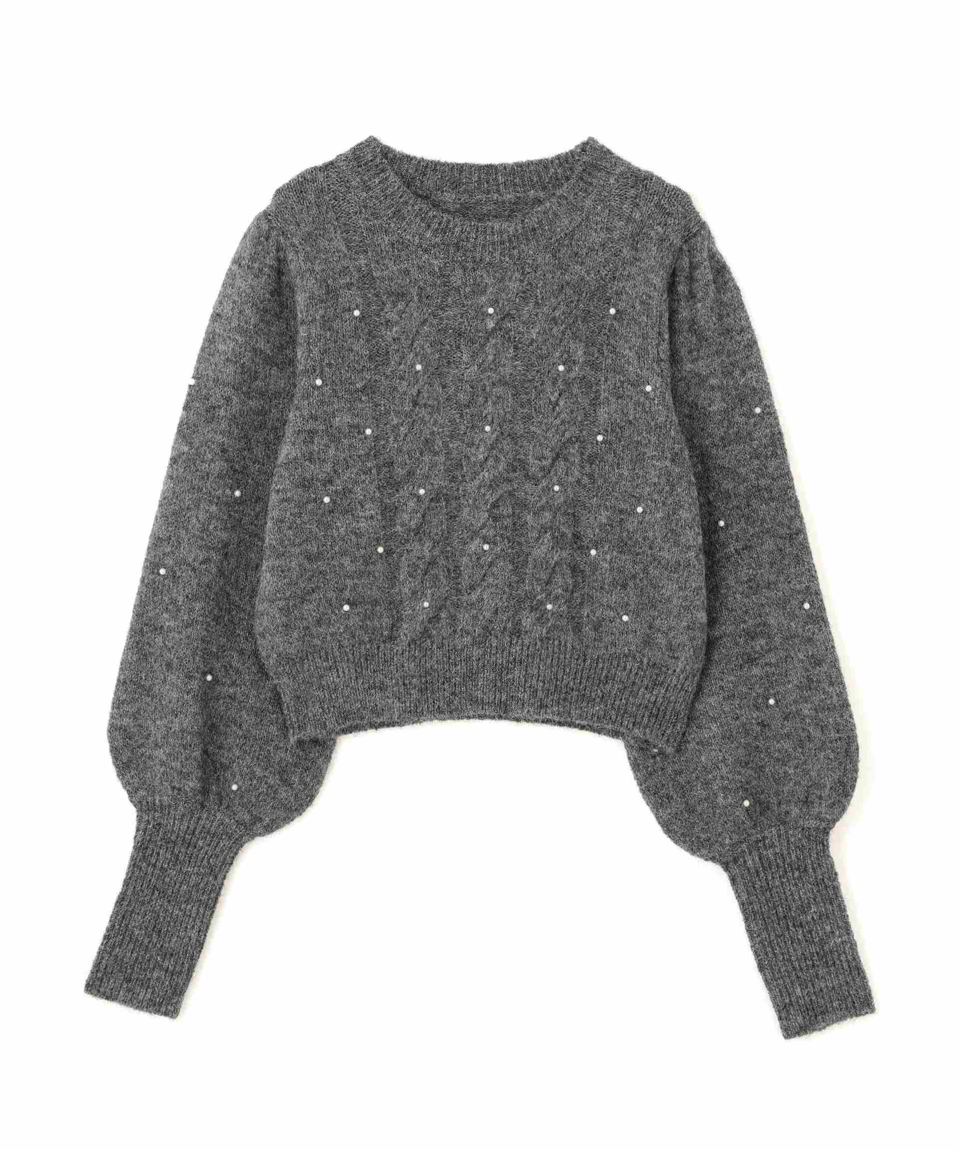 パール付きケーブルショート丈ニット グレー