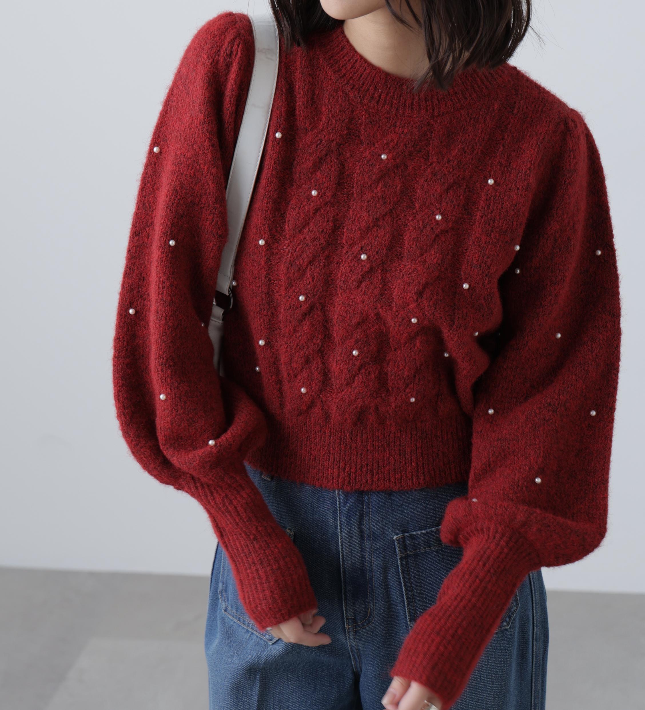 パール付きケーブルショート丈ニット レッド