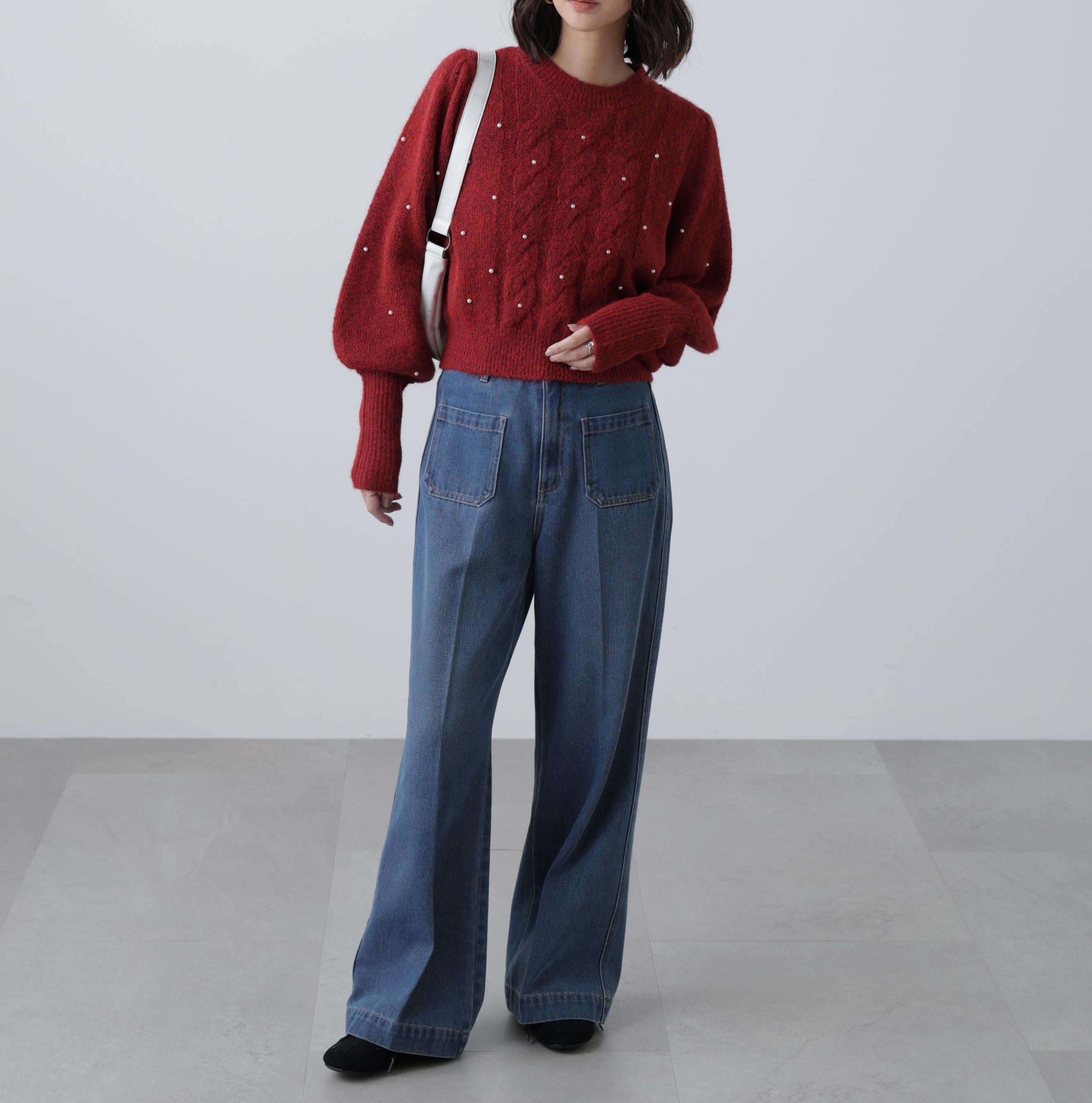 パール付きケーブルショート丈ニット レッド