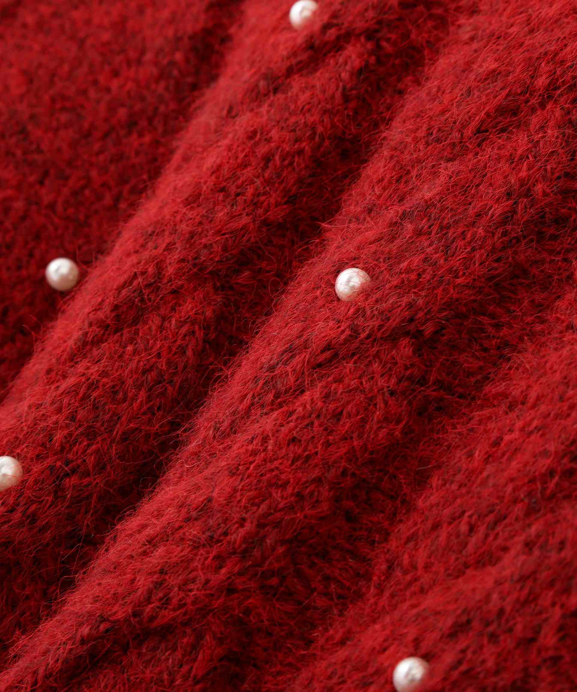 パール付きケーブルショート丈ニット レッド