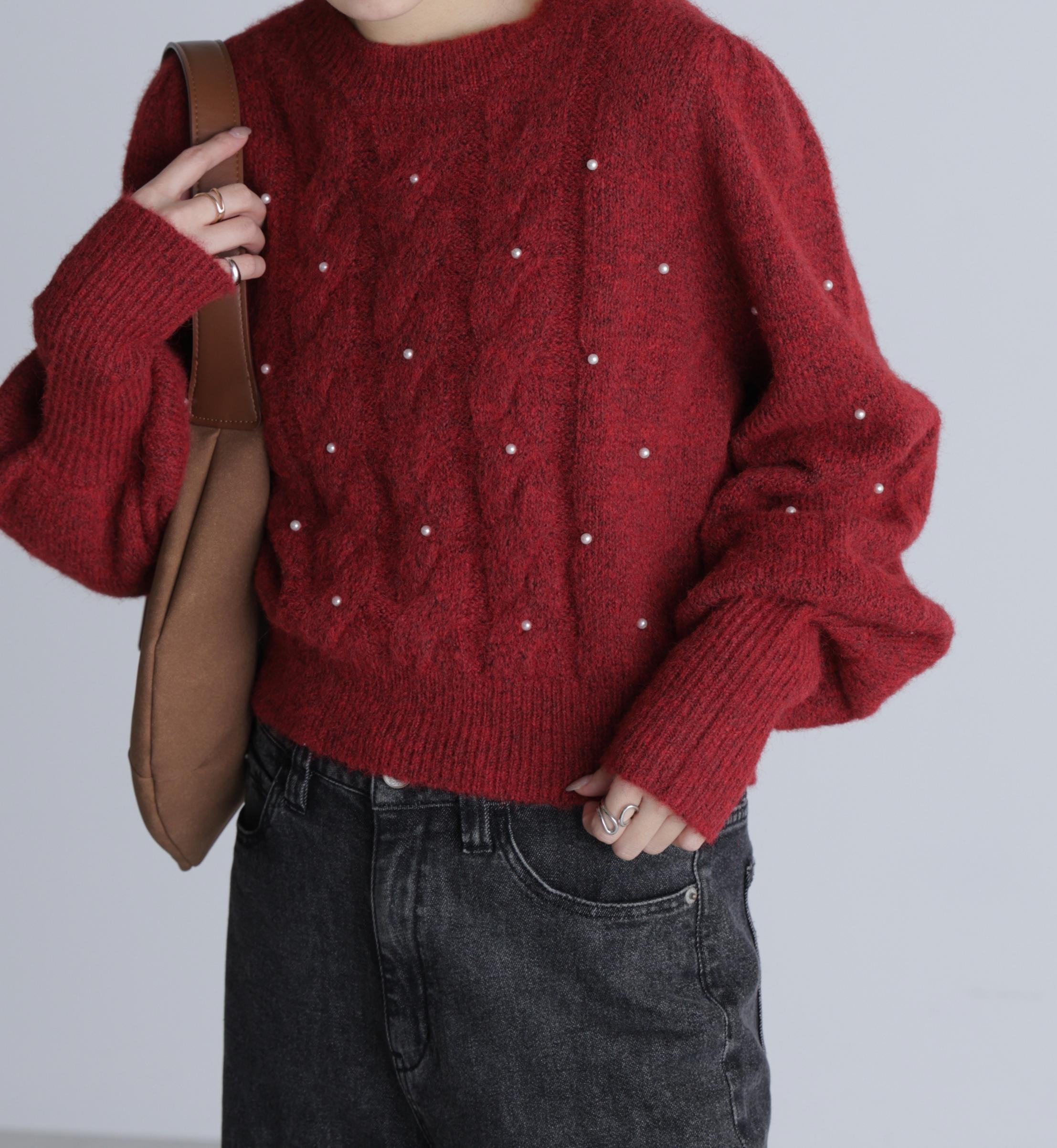 パール付きケーブルショート丈ニット レッド
