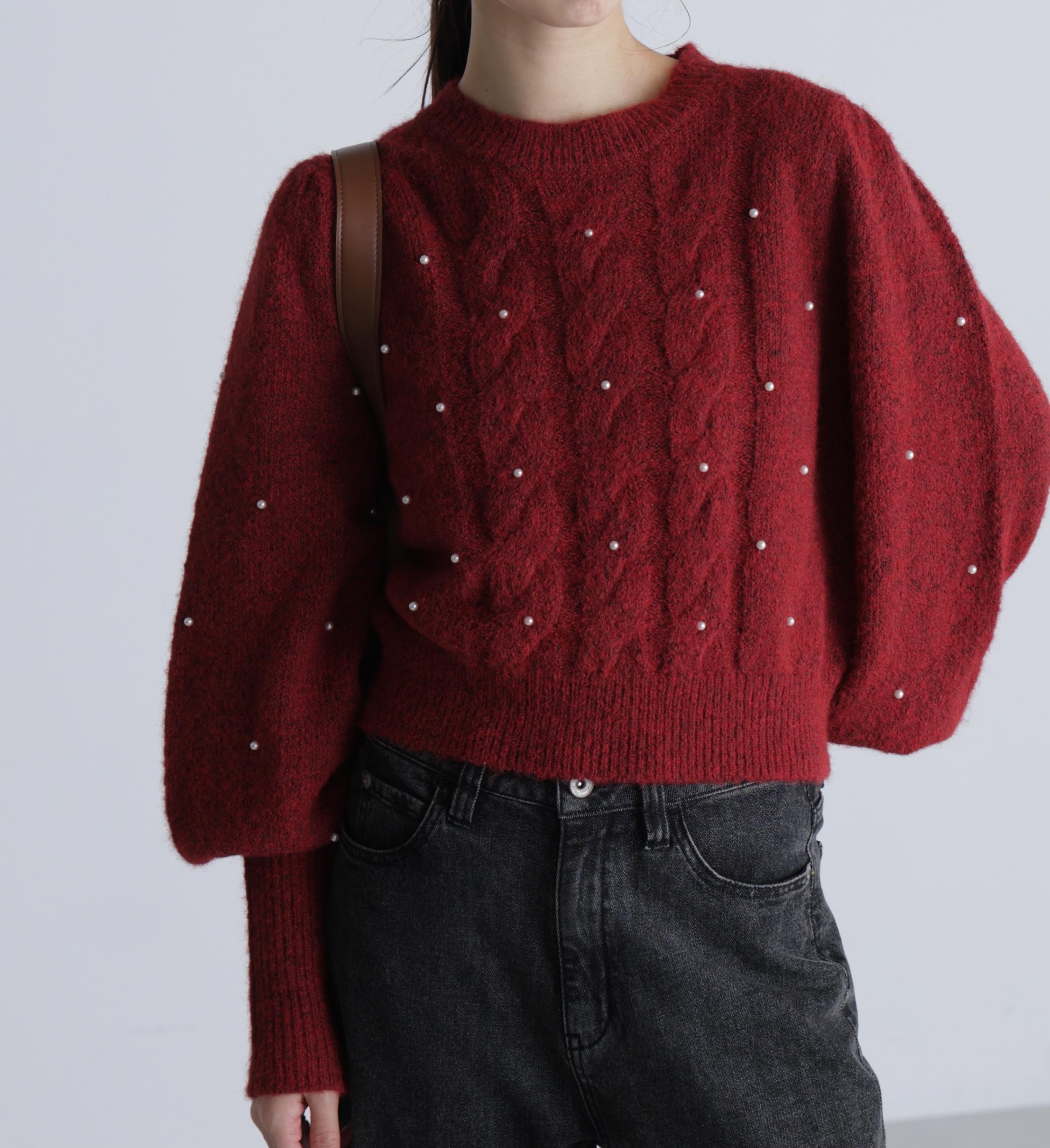 パール付きケーブルショート丈ニット レッド
