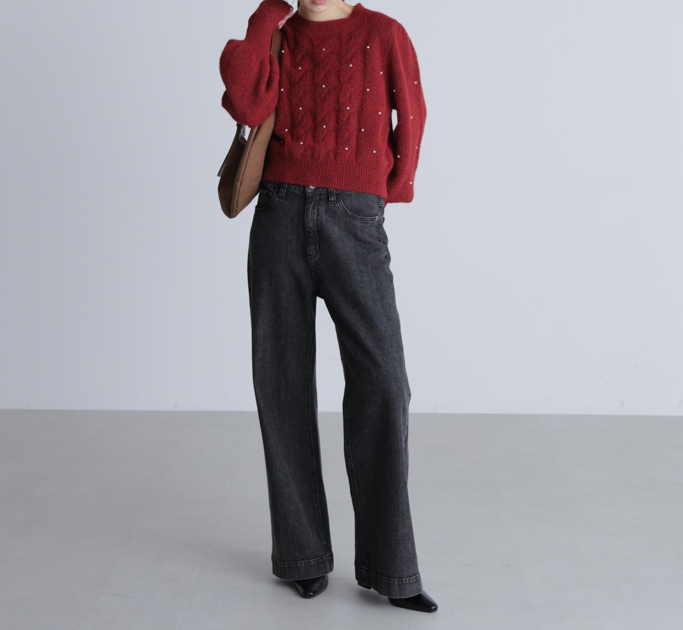 パール付きケーブルショート丈ニット レッド