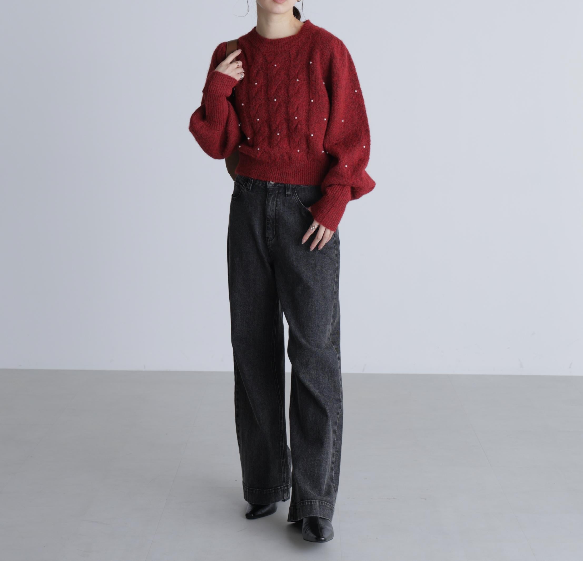 パール付きケーブルショート丈ニット レッド