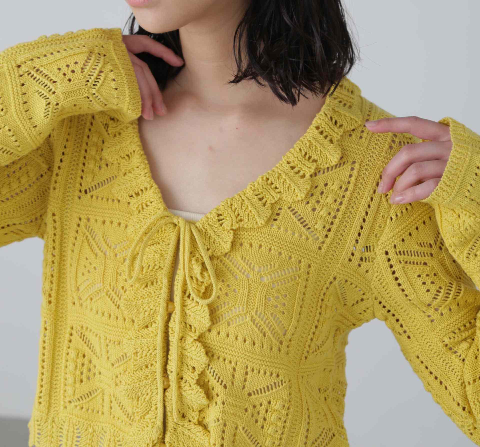 透かし編みクロップドニットカーディガン イエロー