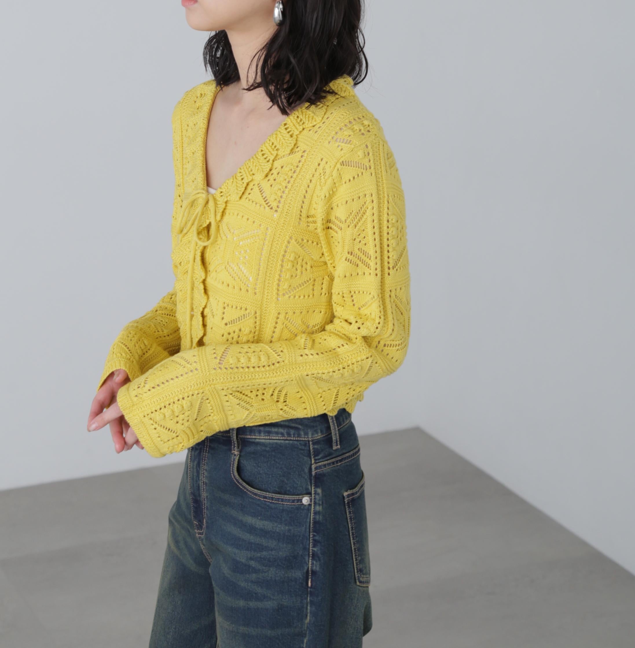 透かし編みクロップドニットカーディガン イエロー