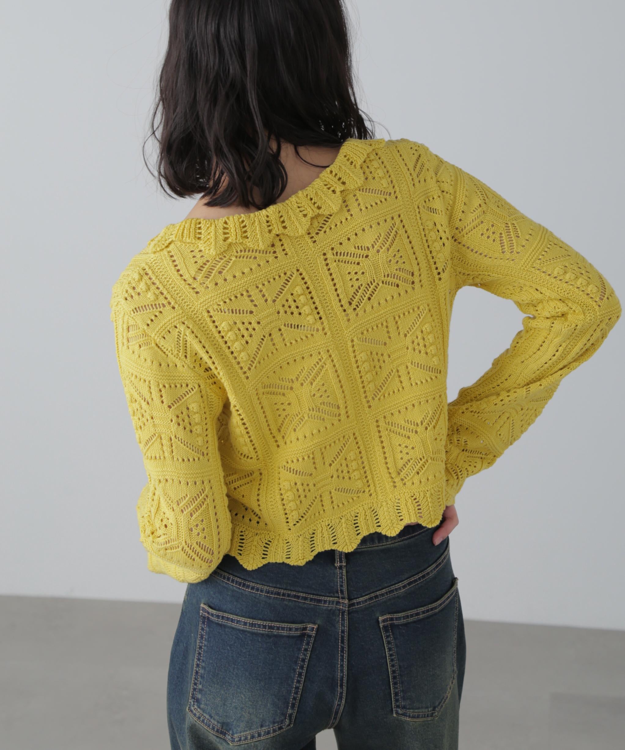 透かし編みクロップドニットカーディガン イエロー