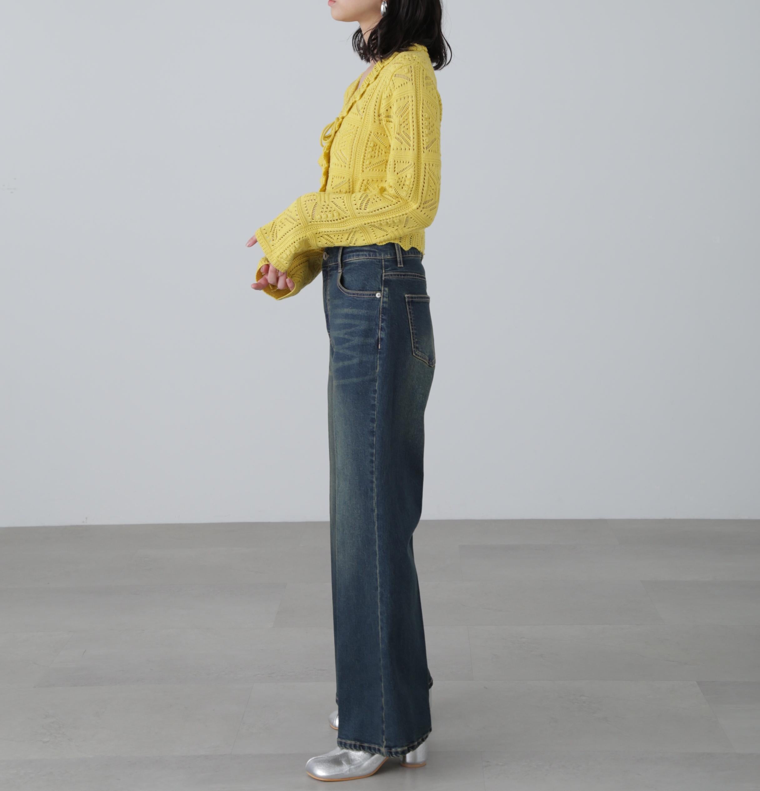 透かし編みクロップドニットカーディガン イエロー