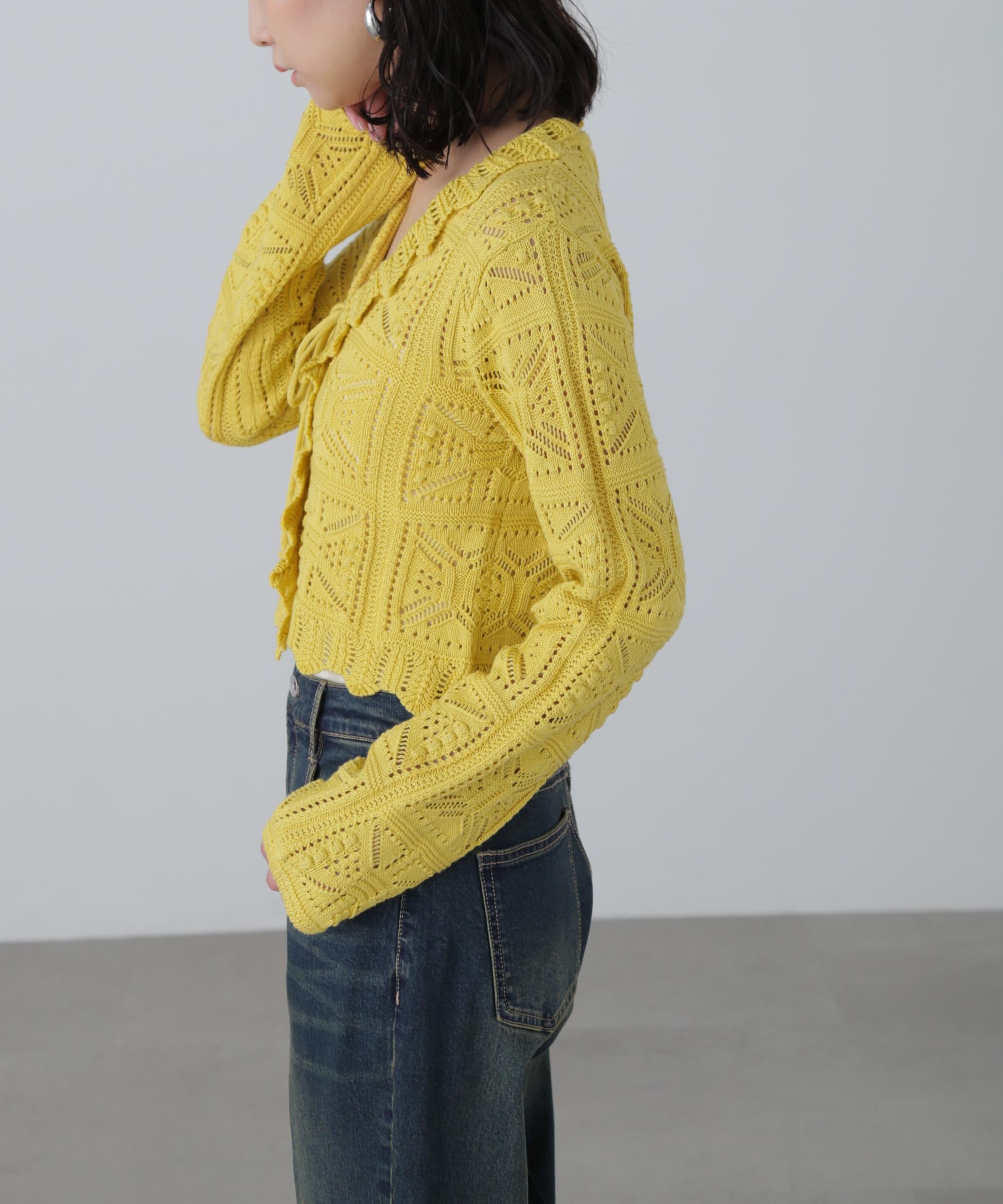 透かし編みクロップドニットカーディガン イエロー