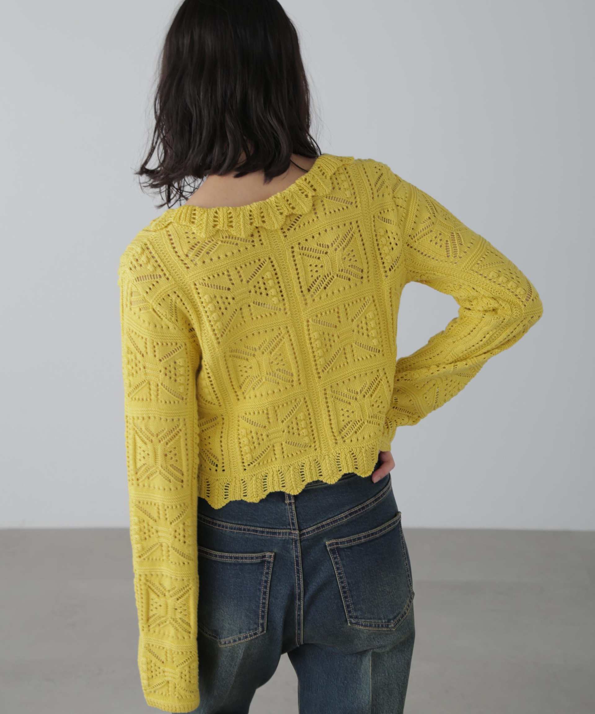 透かし編みクロップドニットカーディガン イエロー
