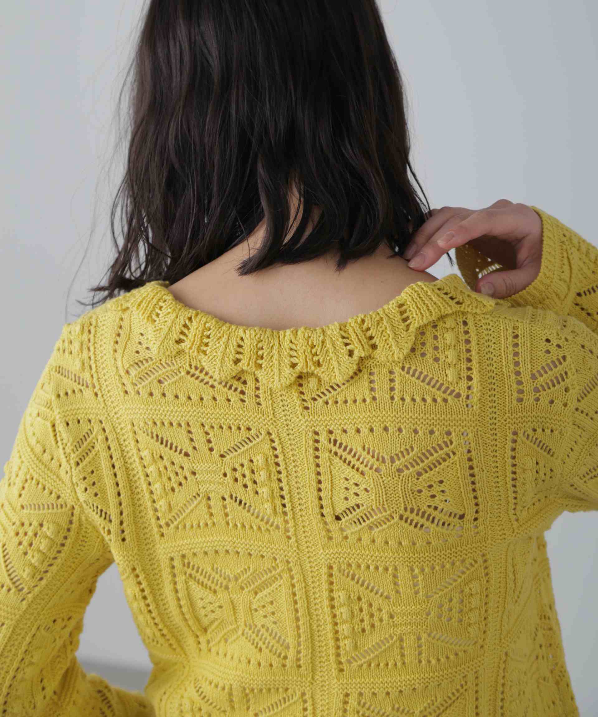 透かし編みクロップドニットカーディガン イエロー