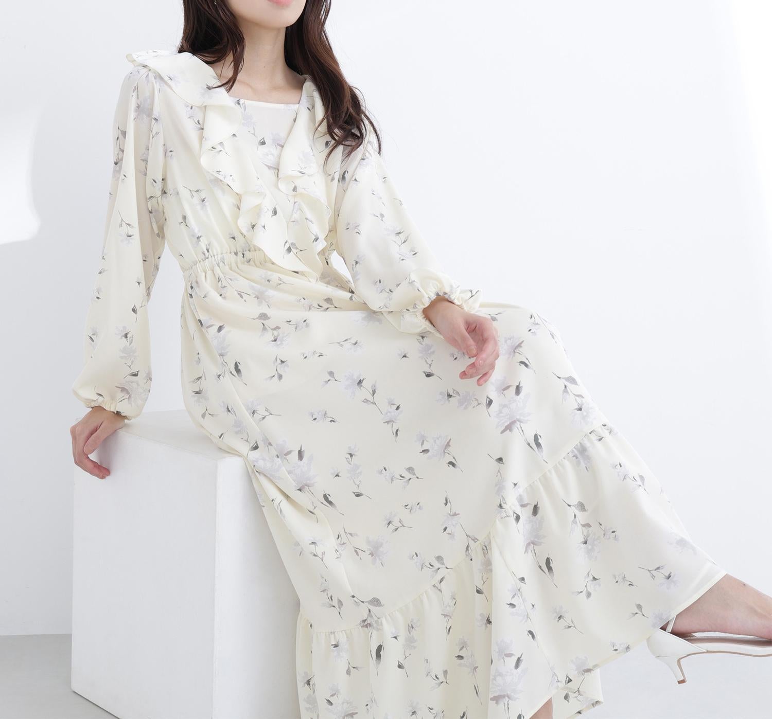 ラッフルフラワープリントワンピース クリームイエロー2